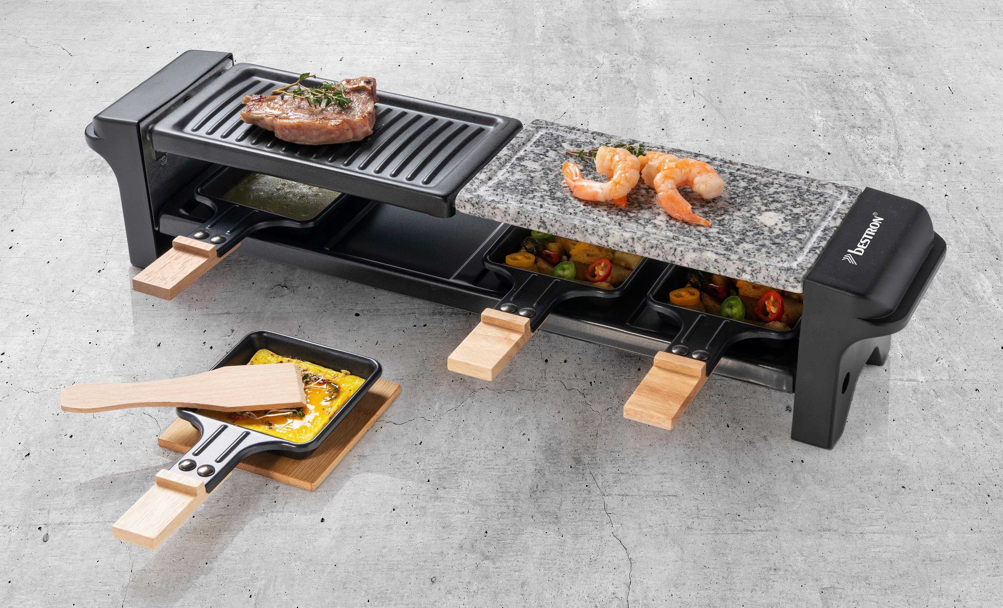 bestron 650 mit für Pfännchen, W, Raclettepfännchen, 4 & 4 Grill 4 4 4 Raclette Untersetzern Personen, Holzschaber