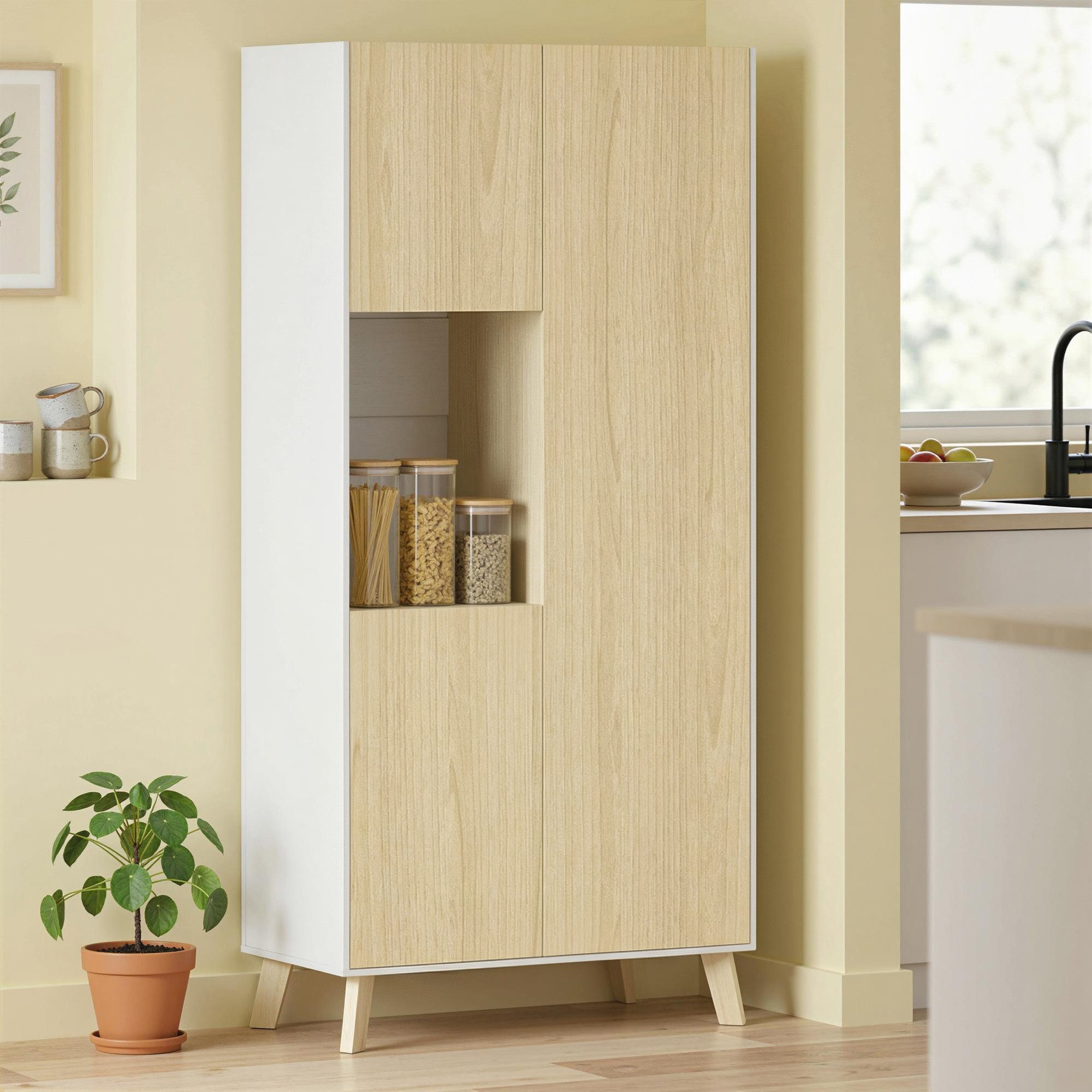 HOMCOM Küchenbuffet Buffetschrank, Moderner Vorratsschrank, Natur (Hochschrank, 1-St., Küchenschrank mit drei Türen und offenem Fach) Soft-Close-Scharniere, verstellbare Böden, hohe Belastbarkeit