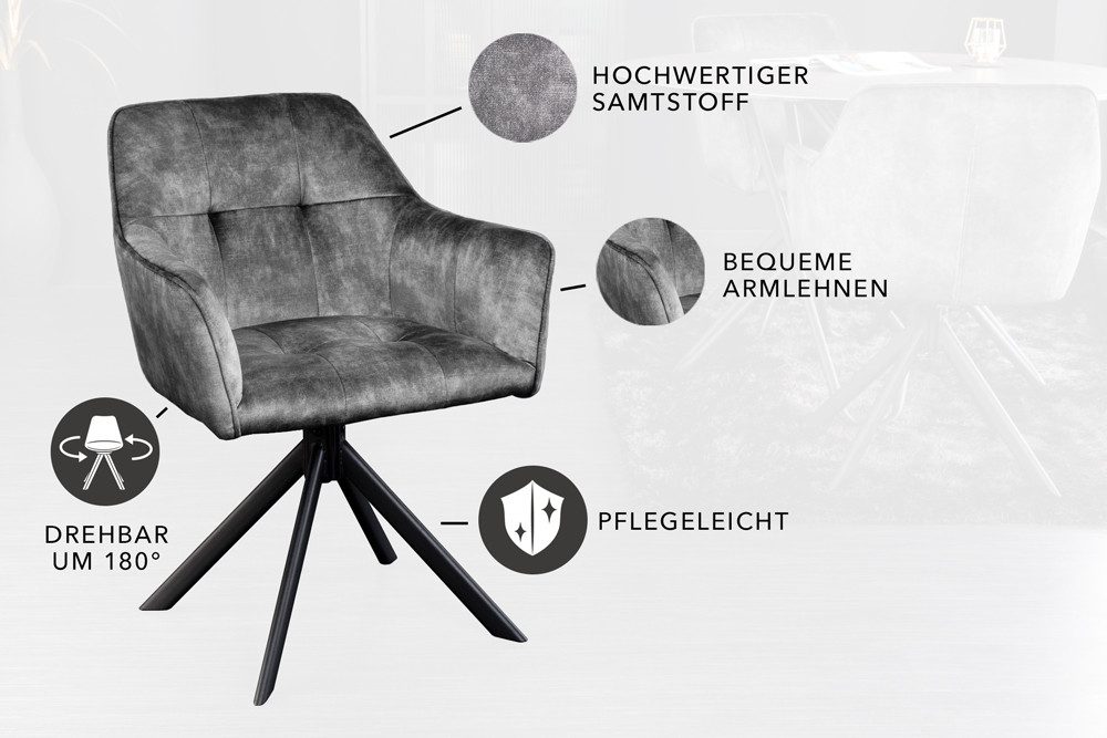 riess-ambiente Esszimmerstuhl LOFT dunkelgrau/schwarz – Samt, drehbar, Metall-Füße, mit Armlehne (Einzelartikel, 1 St), mit 180° Drehfunktion und Autoreturn – i – Bild 5 von 5