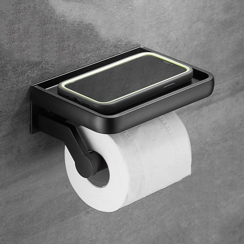 Haiaveng Toilettenpapierhalter Toilettenpapierhalter Mit Ablage selbstklebend Kein Bohren, 2 verschiedene Befestigungsoptionen und Smartphone-Ablage schwarz