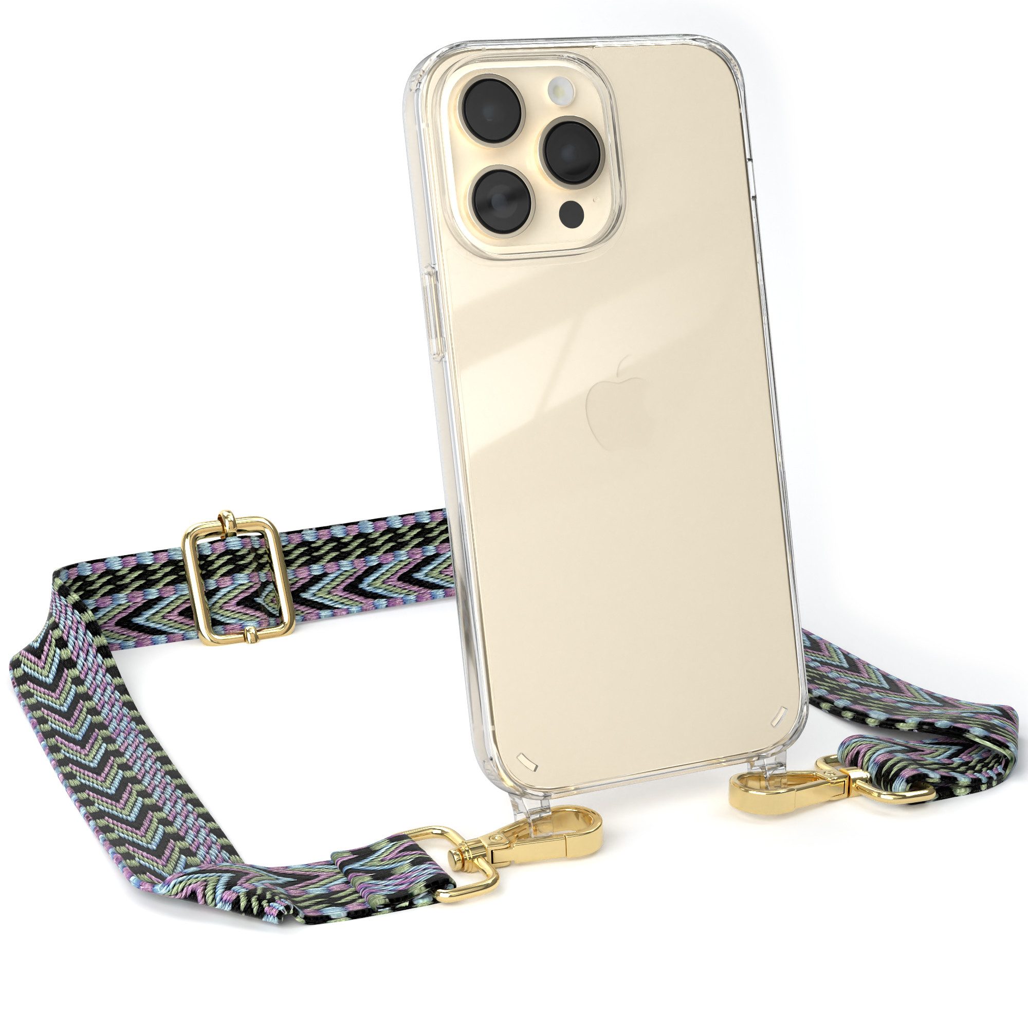 EAZY CASE Handykette Boho Umhängeband für Apple iPhone 14 Pro Max 6,7 Zoll, Flache Kordel für Handy Ketten Vintage Style Silikontasche Violett