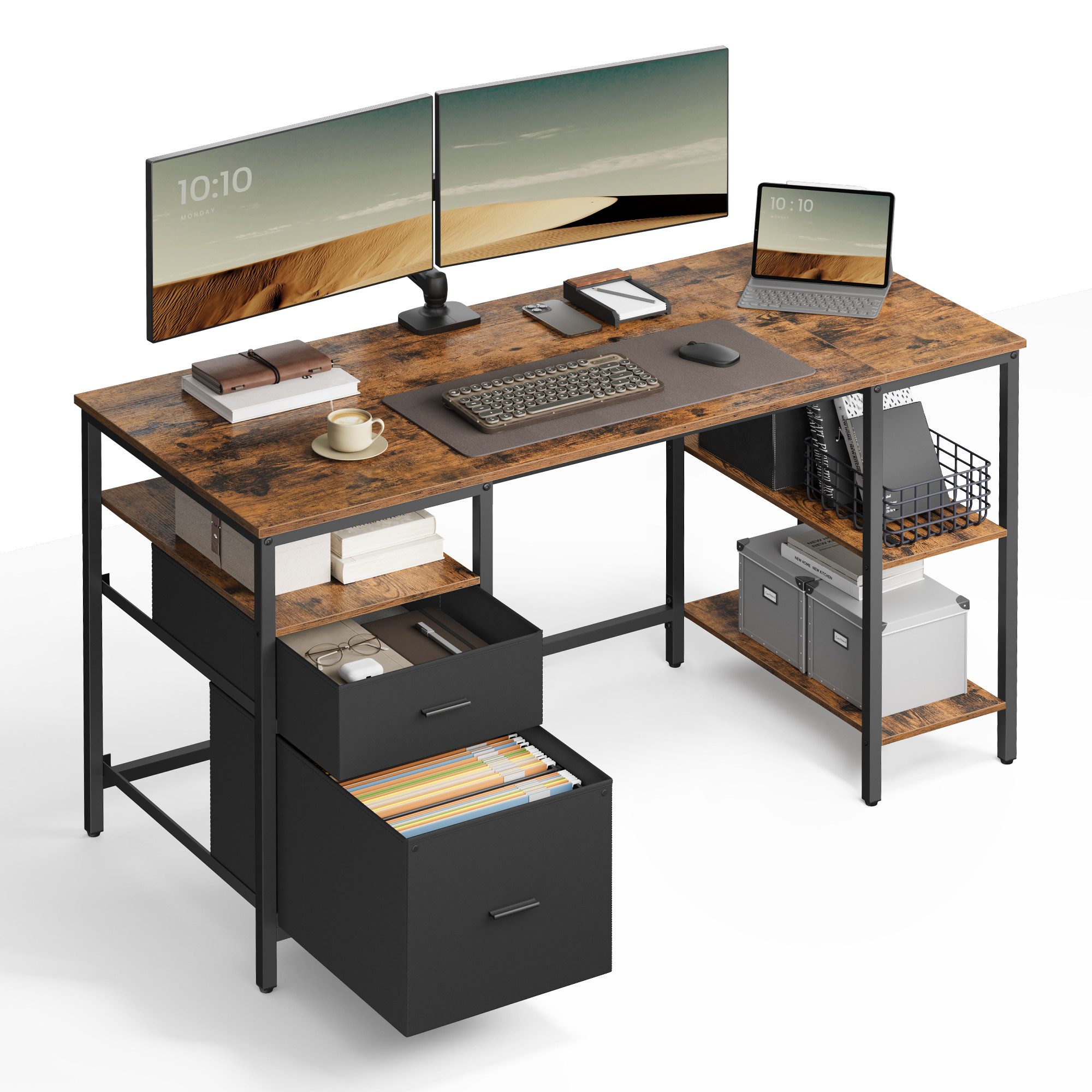 VASAGLE Schreibtisch Computertisch, Bürotisch, mit 3 Ablagen, 2 Schubladen, 140/160 cm