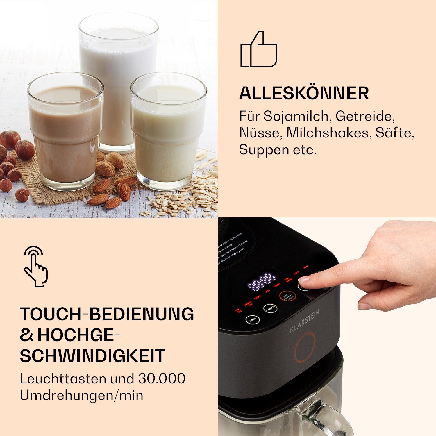 Klarstein Küchenmaschine mit Kochfunktion Marcia Mixer Nussmilchbereiter, 1250 Stand W, Mixer Milkshake Küchen Küchenmaschine
