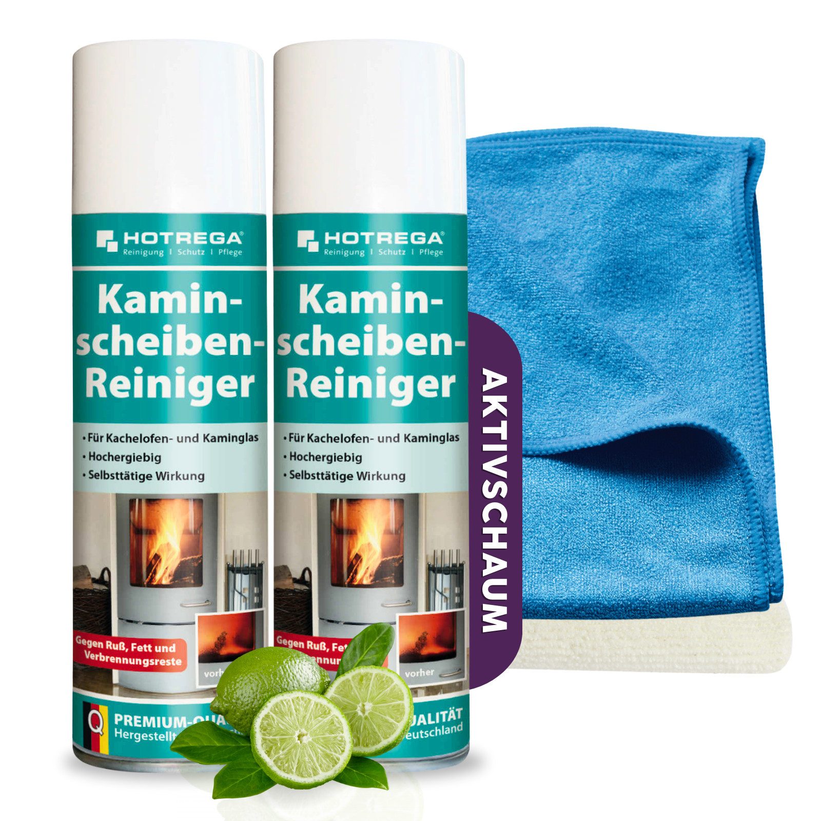 HOTREGA® Kaminscheibenreiniger Ofenreiniger Ruß Harz 2x 300ml 2x Microfasertuch Scheibenreiniger
