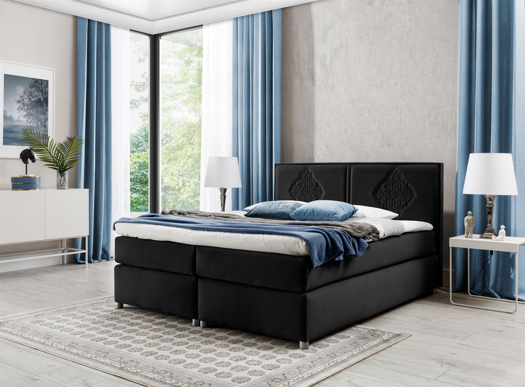 Fun Möbel Boxspringbett Schlafzimmerbett Bett DAMIANO DELUX (Wellenfederung im Bettrahmen, inkl. Topper), Hochwertige Stickerei am Kopfteil für eine exklusive Optik