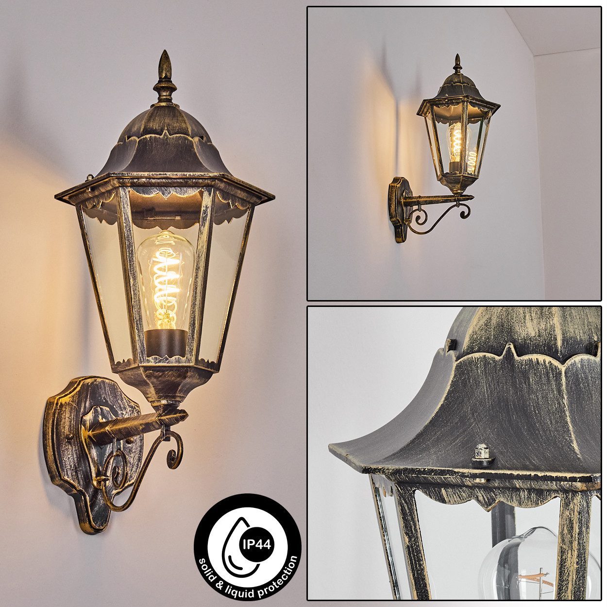 hofstein Außen-Wandleuchte Außenwandlampe aus Metall/Glas in Schwarz/Goldfarben/Klar, ohne Leuchtmittel, Wandleuchte außen im Retro/Vintage/Antik/Landhaus-Design, E27, IP44