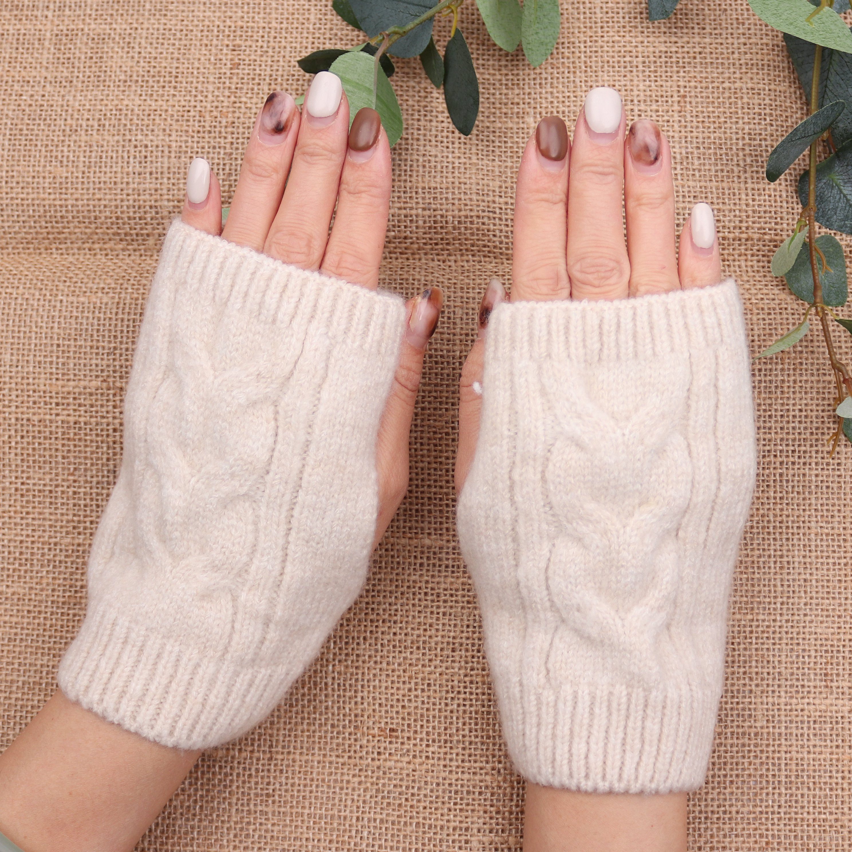 MIRROSI Strickhandschuhe Damen Handschuhe 2 in 1 mit abnehmbarer Strick Manschette (Einheitsgröße für Erwachsene)