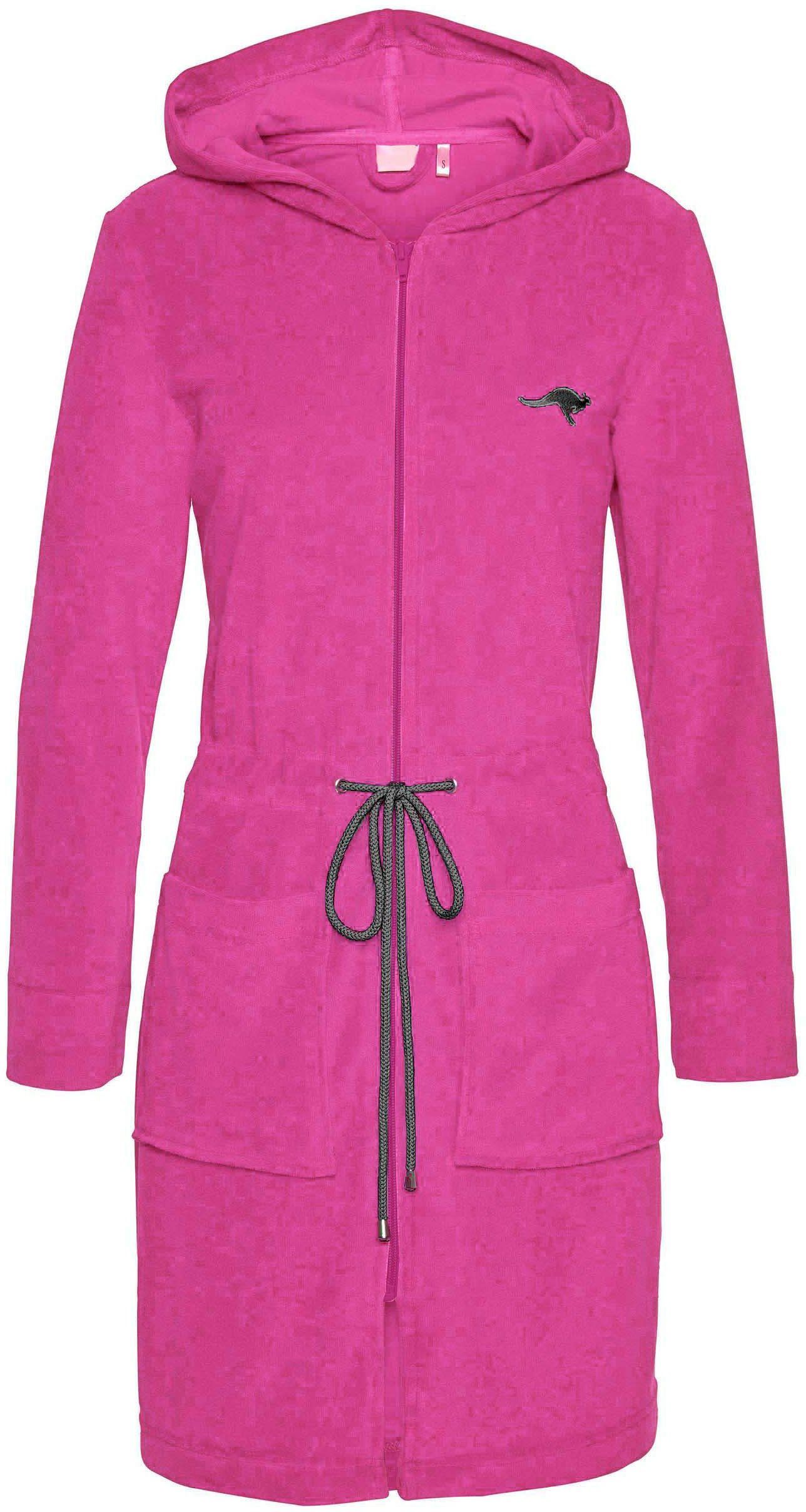 Kaufen Sie es jetzt, Originalprodukt KangaROOS Damenbademantel pink/grau Leichtfrottier, mit Reißverschluss, Kapuze, für kurz, Kira, XS-3XL Bindekordel, Kurzform, Damen, Bademäntel
