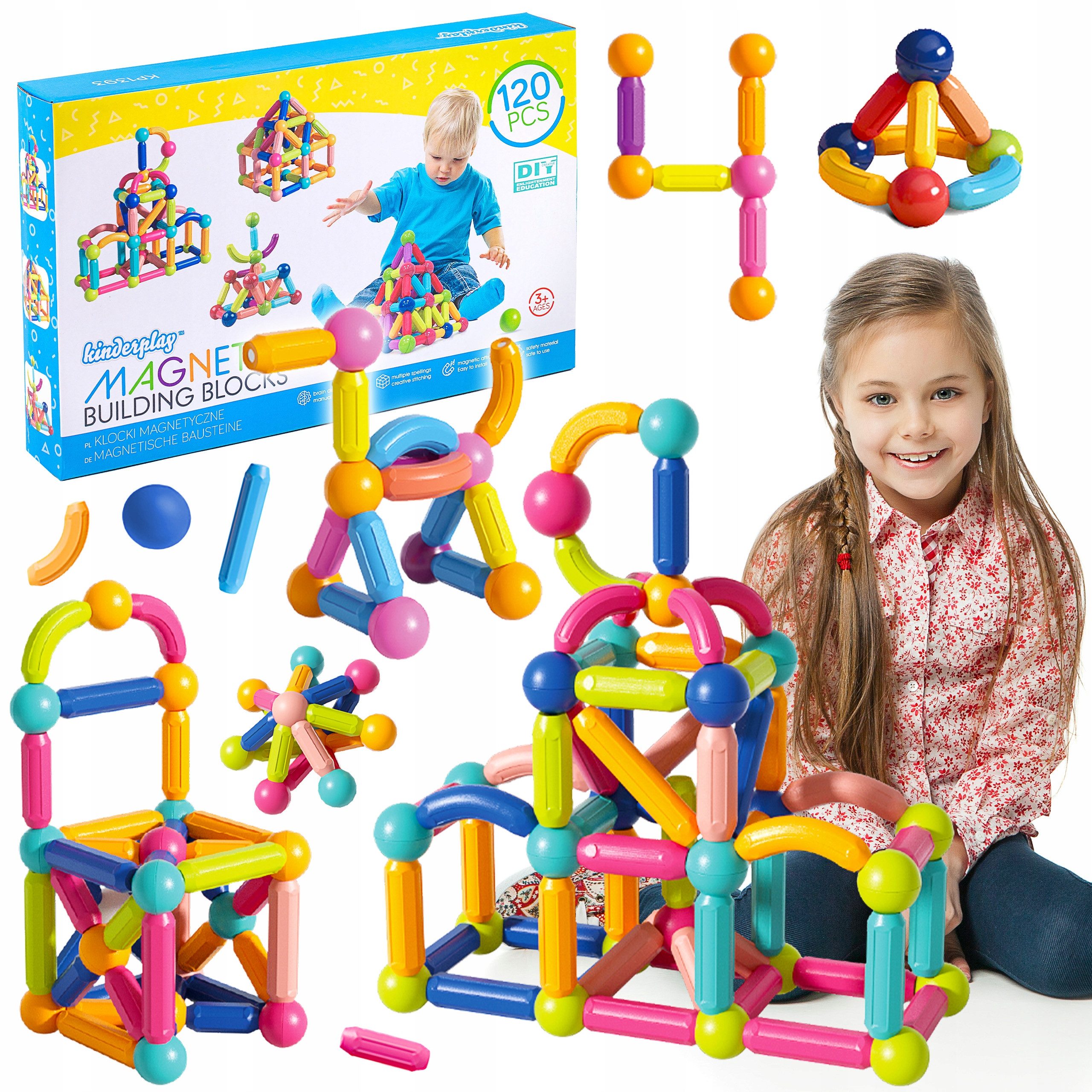 kinderplay Magnetische Konstruktionsbausteine – 120 Teile – Lernspielzeug Kinder Magnetspielbausteine, (Set, Magnetische Konstruktionsbausteine XXL 120 Teile)