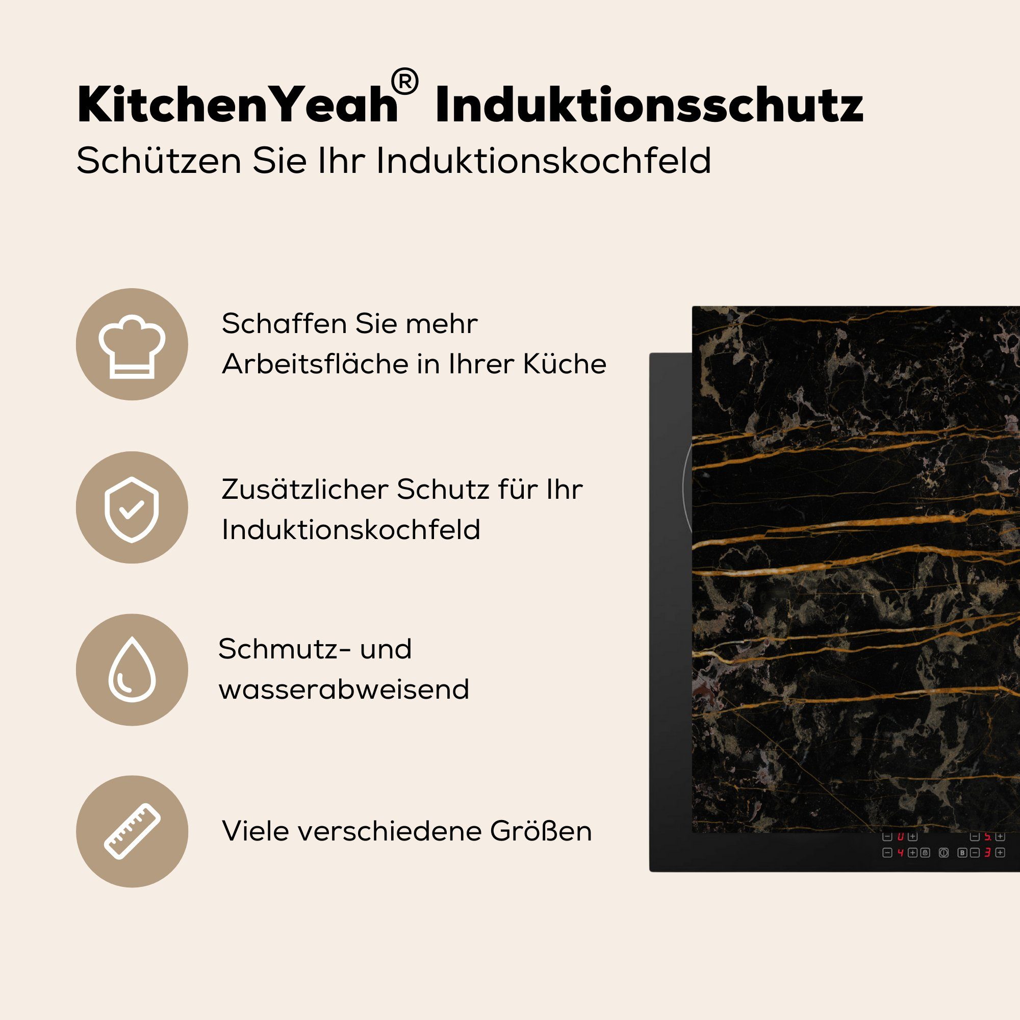 die MuchoWow küche, Vinyl, tlg), Schwarz - - (1 Gold - Marmor 59x52 cm, Herdblende-/Abdeckplatte Ceranfeldabdeckung Induktionsmatte für Ader,