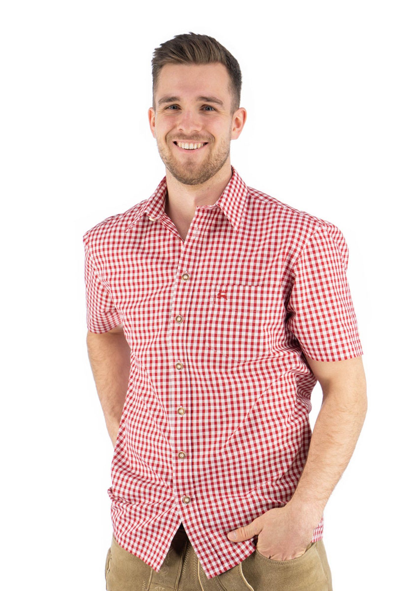 mittelrot Kurzarmhemd Zihul aufgesetzter OS-Trachten mit Hirsch-Stickerei Trachtenhemd mit Brusttasche