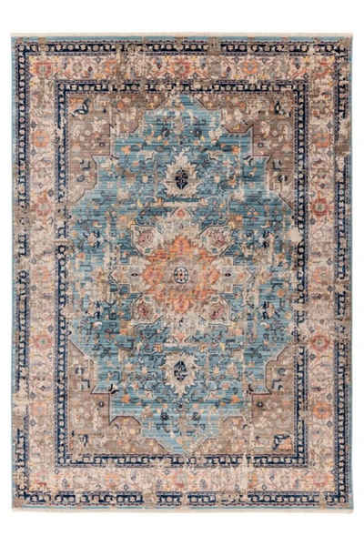 Teppich Teppich Vintage Design, blau, LALEE, Rechteckig, Höhe: 6 mm, mit Medaillon, mit Bordüre, mit Fransen, klassisch, orientalisch, pflegeleicht
