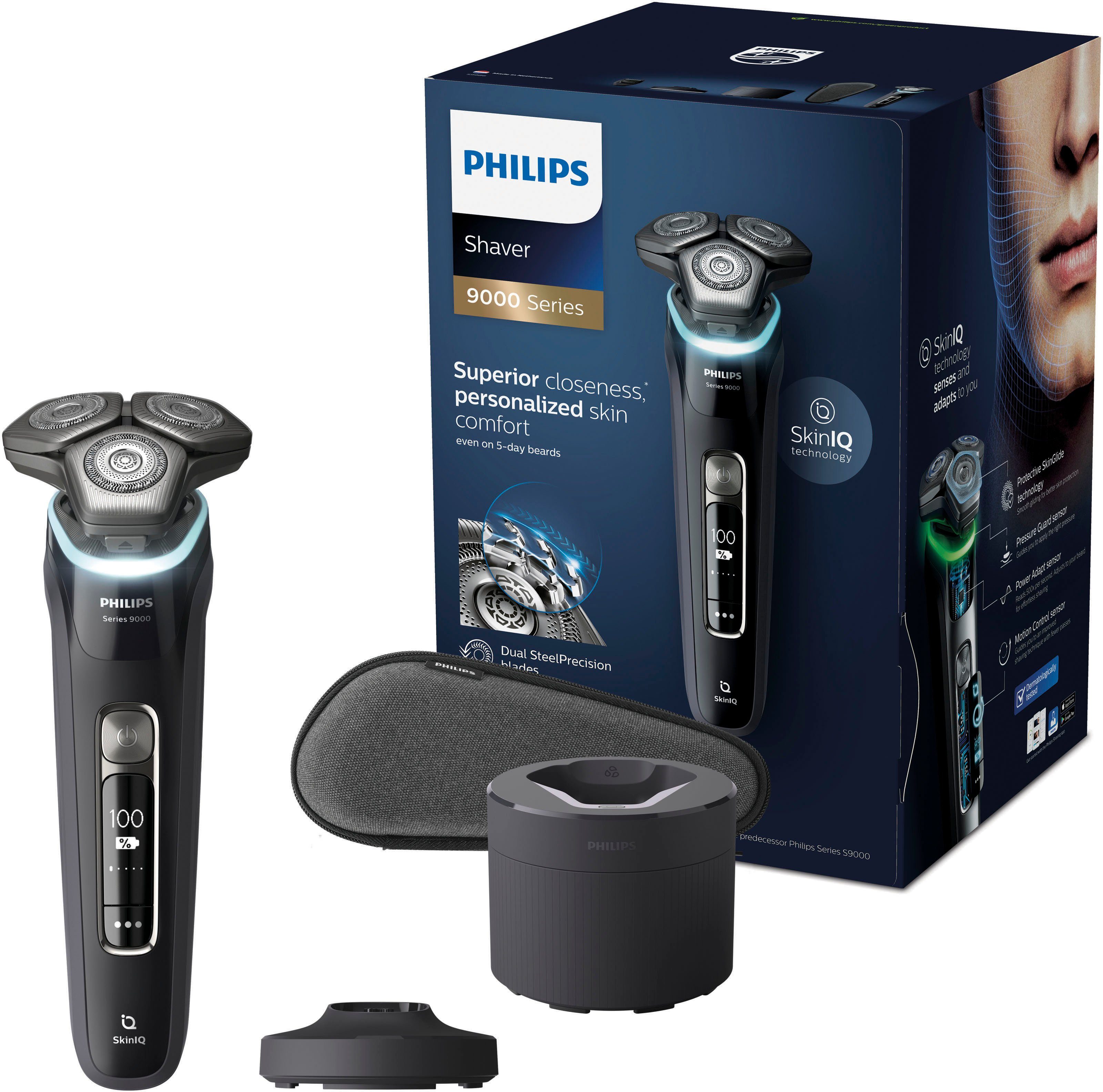 Philips Elektrorasierer Series 9000 IQ Reinigungsstation, Skin Technologie, S9986/55, und Reinigungsstation, Etui mit Ladestand inkl