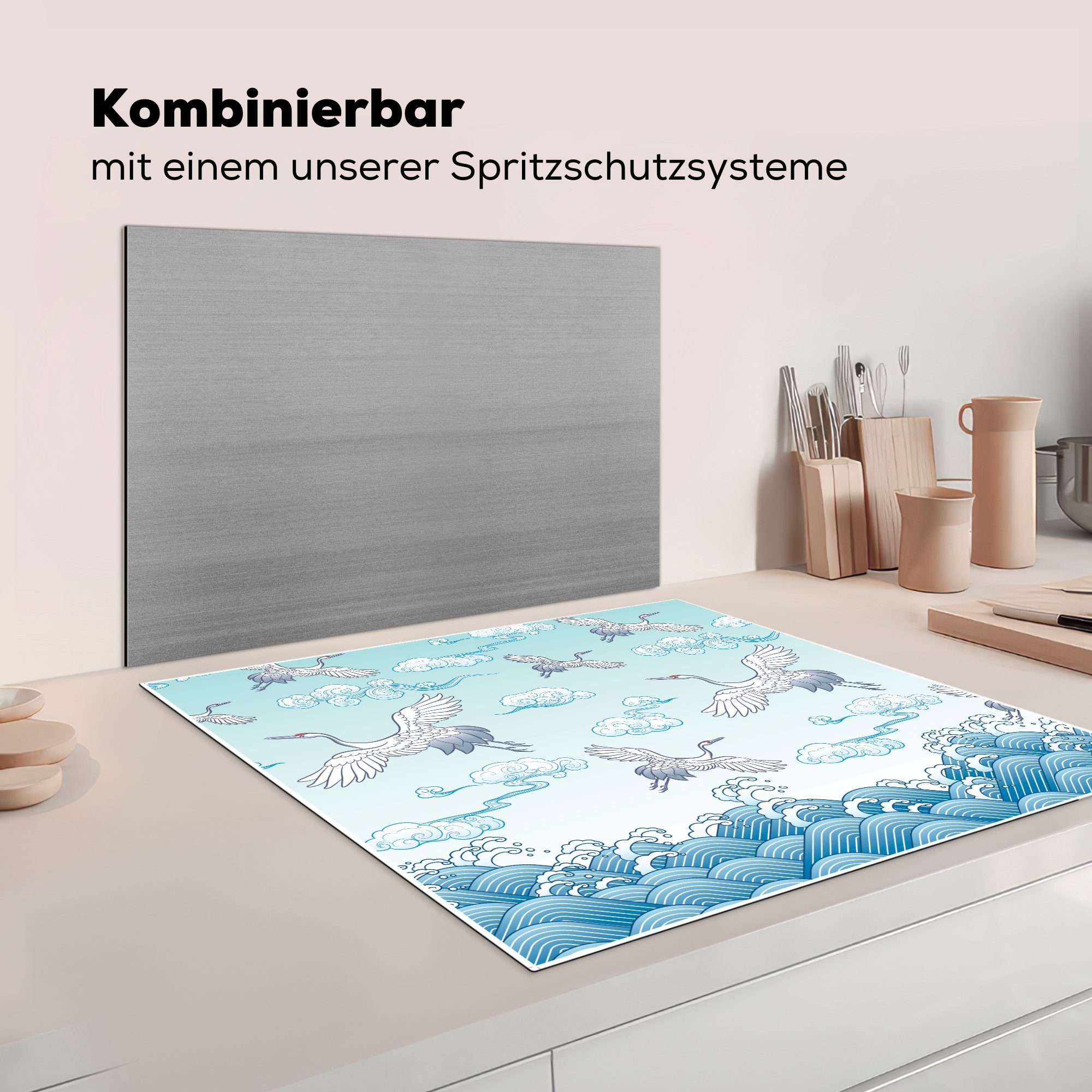 Vinyl, tlg), Ceranfeldabdeckung, - (1 Herdblende-/Abdeckplatte Arbeitsplatte cm, MuchoWow für Kranich, 78x78 küche Chinesisch - Illustration