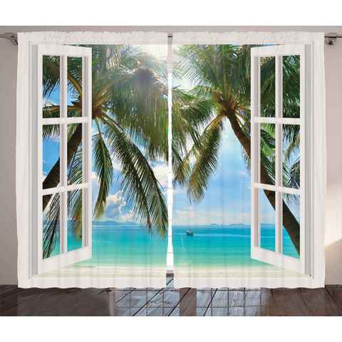 Gardine Schlafzimmer Kräuselband Vorhang mit Schlaufen und Haken, Abakuhaus, Tropisch Fenster zum exotischen Strand