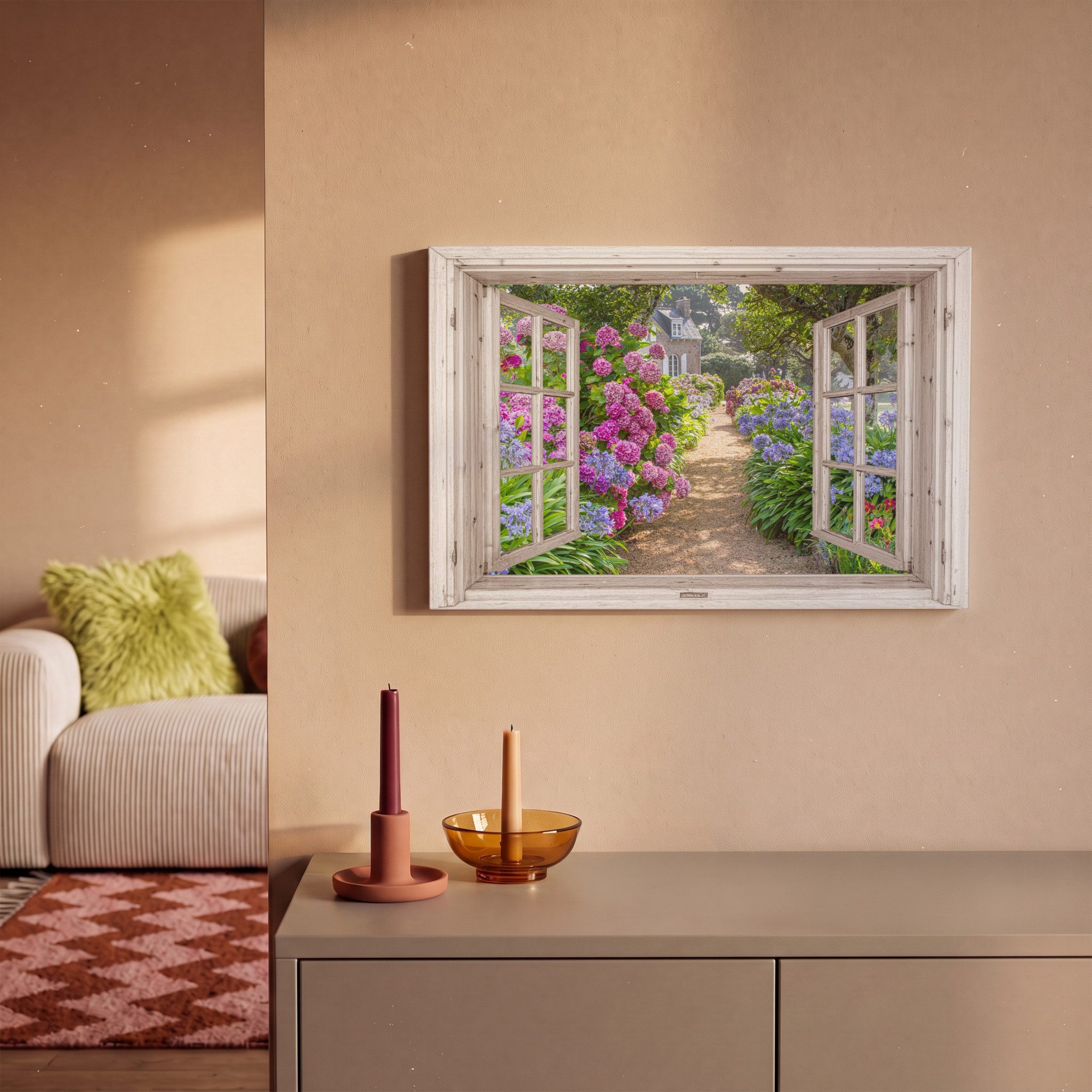 OneMillionCanvasses® Leinwandbild Hortensie - Fensterblick - Fenster - Blumen - Sommer - Lila - Weg, Fotodruck (1 St), Leinwand Bilder Klein, Wand Dekoration Ae – Bild 2 von 5