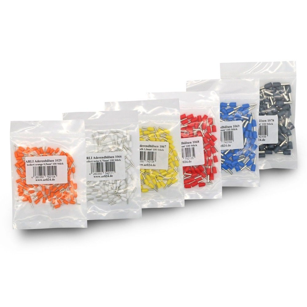 ARLI Aderendhülsen Aderendhülsen 0,5 - 4 mm² - 600 Set (0,5 0,75 1,0 1,5 2,5 4 mm), 1-polig, Set, 600-tlg., 600 Stück, zum crimpen Press Stecker Hülse Draht Elektro Kabelschuhe