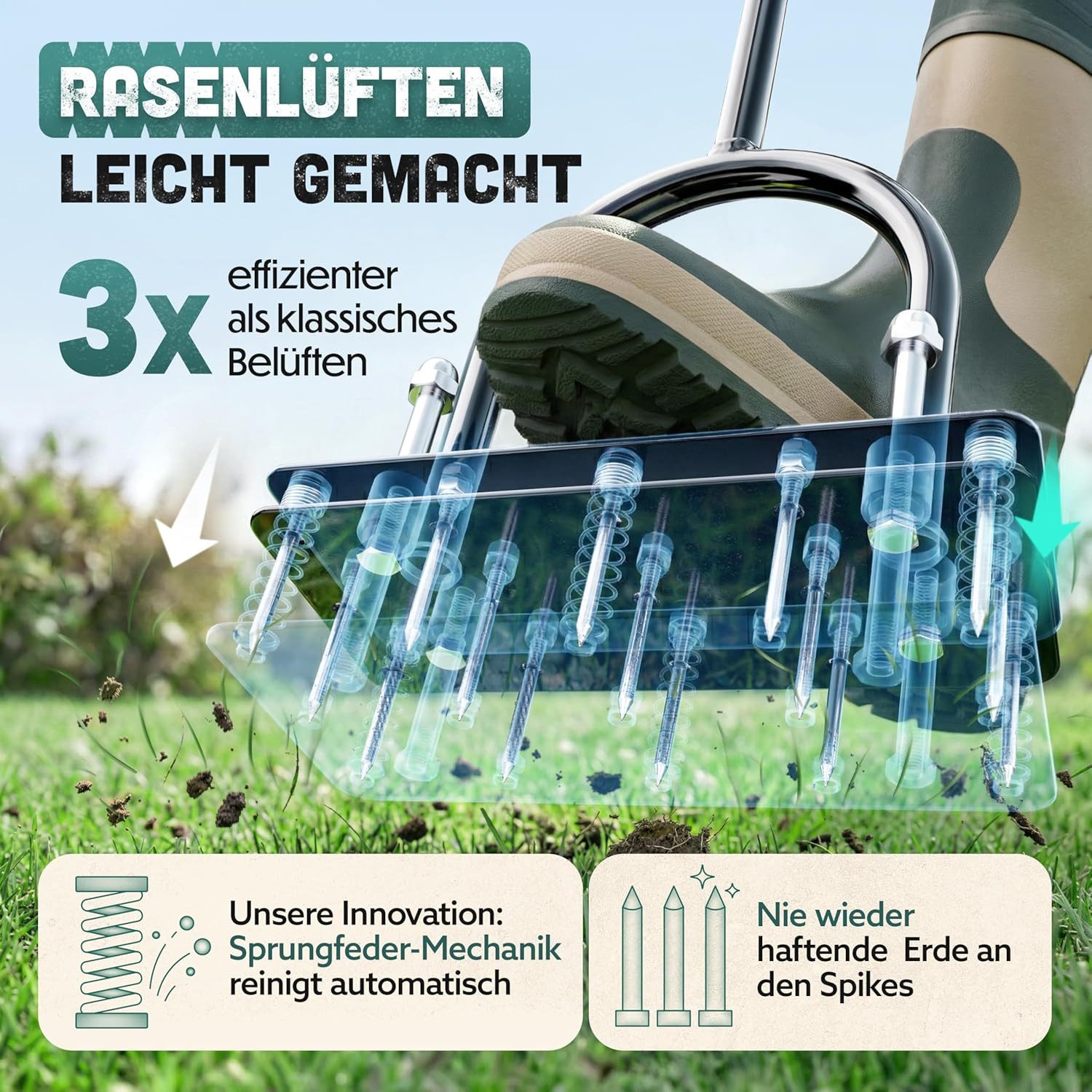 pedete Vertikutierer Rasenlüfter Vertikutierer und Aerifizierer für die Rasenbelüftung, (Innovative Aerifiziergabel Langstielige Boden Aerifiziergabel, Hochwertiges Gartengerät zum Belüften und Auflockern des Rasens), 15 Power-Spikes für kraftsparend Bedienung Im Stehen
