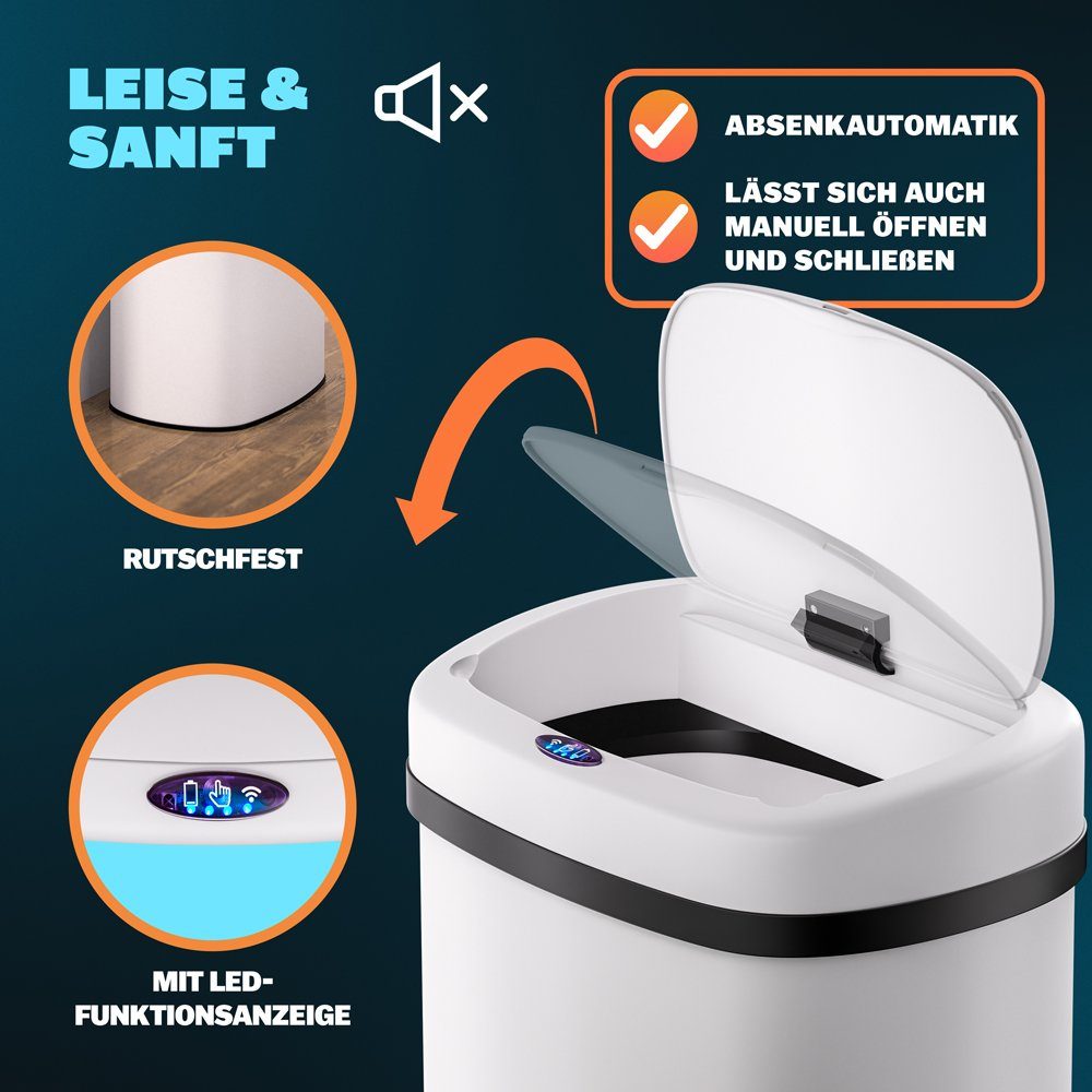 monzana Mülleimer, 58 L Automatik LED Mülleimer Müllbehälter Display Creme-Weiß berührungslos Sensor