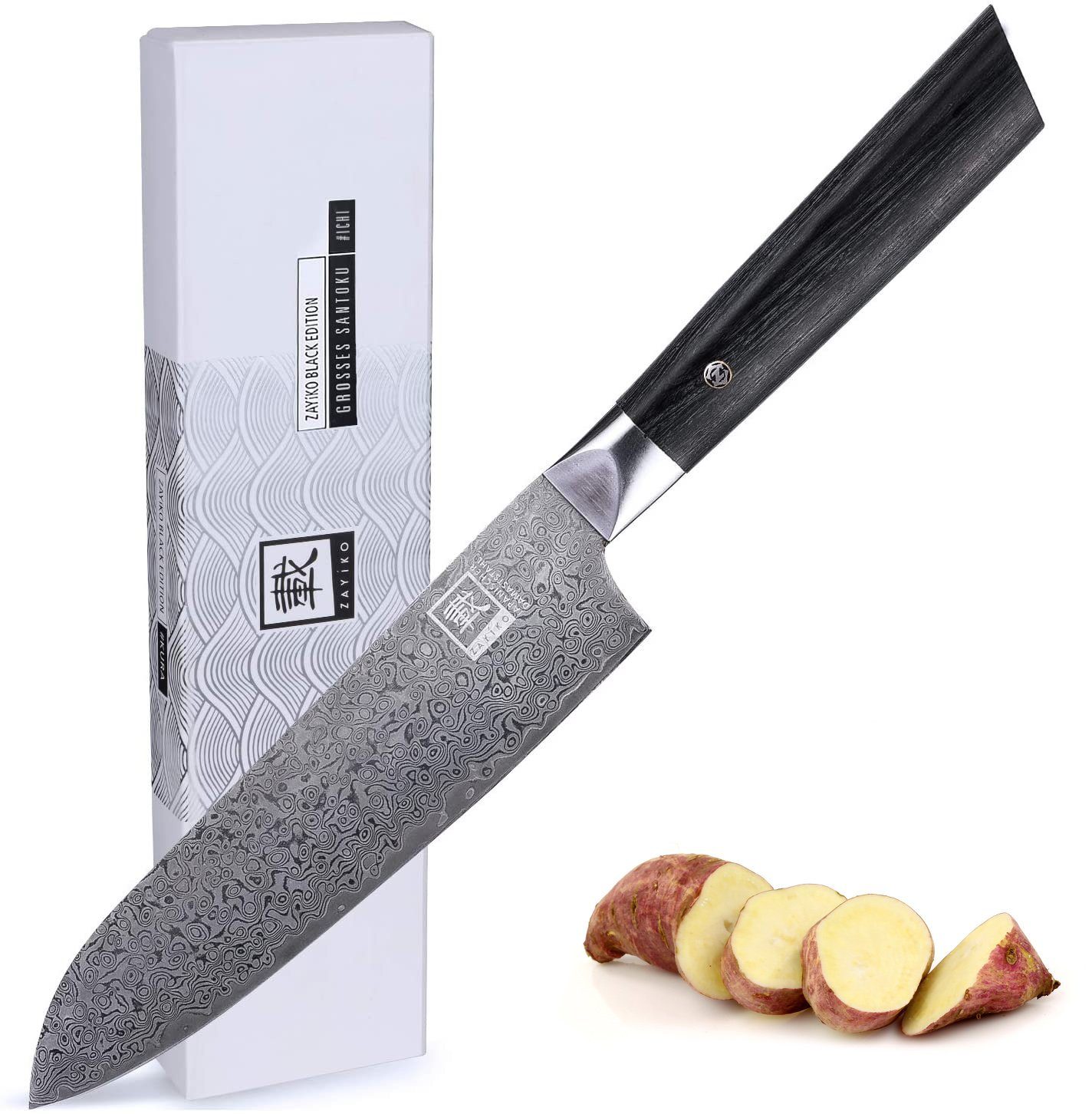 ZAYIKO Asiamesser Black Edition Santoku I 18cm Klinge I dunkler Damast I Pakkaholz, dunkler Damaststahl