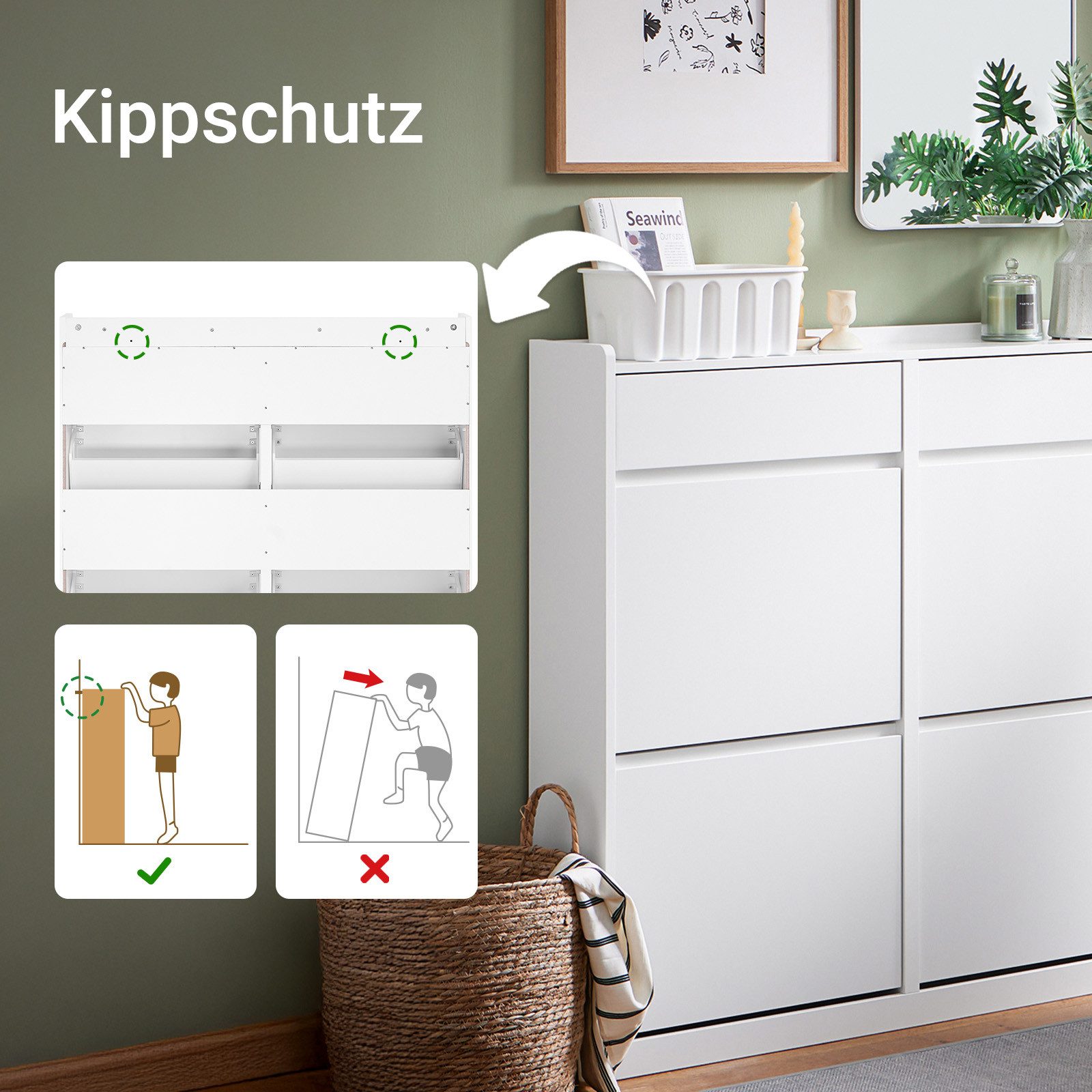 SoBuy Schuhschrank FSR169, Schuhkipper Schuhschrank schmal, Schuhregal, Schuhkommode mit 4 Klappen, 2 Schubladen, perfekt für schmale Flure, für 10 Paar – Bild 4 von 5