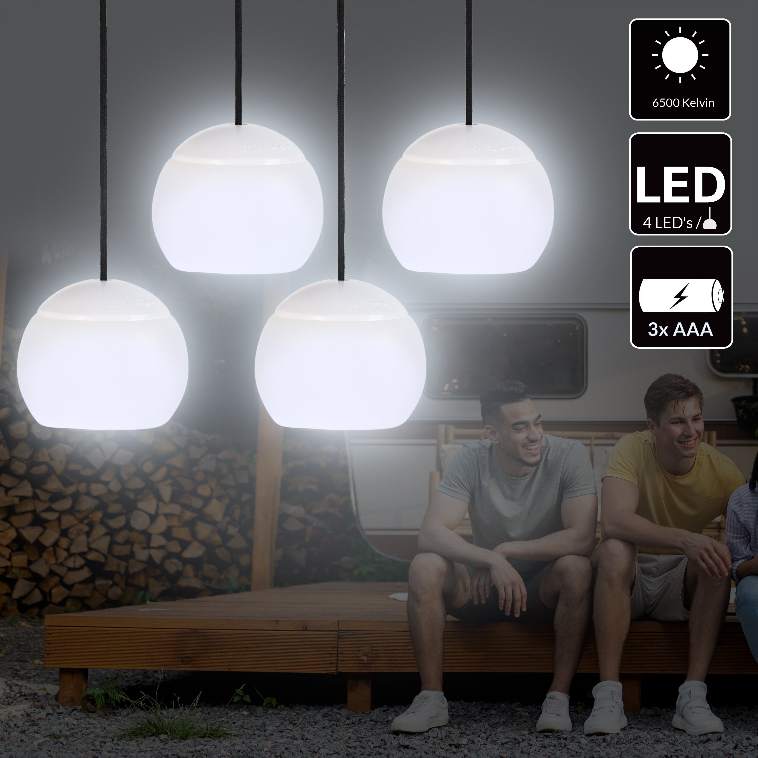 4er Hängelampe, Batteriebetrieben Hängeleuchte, LED tageslichtweiß, LED, monzana Haken Set Campinglampe Inklusive