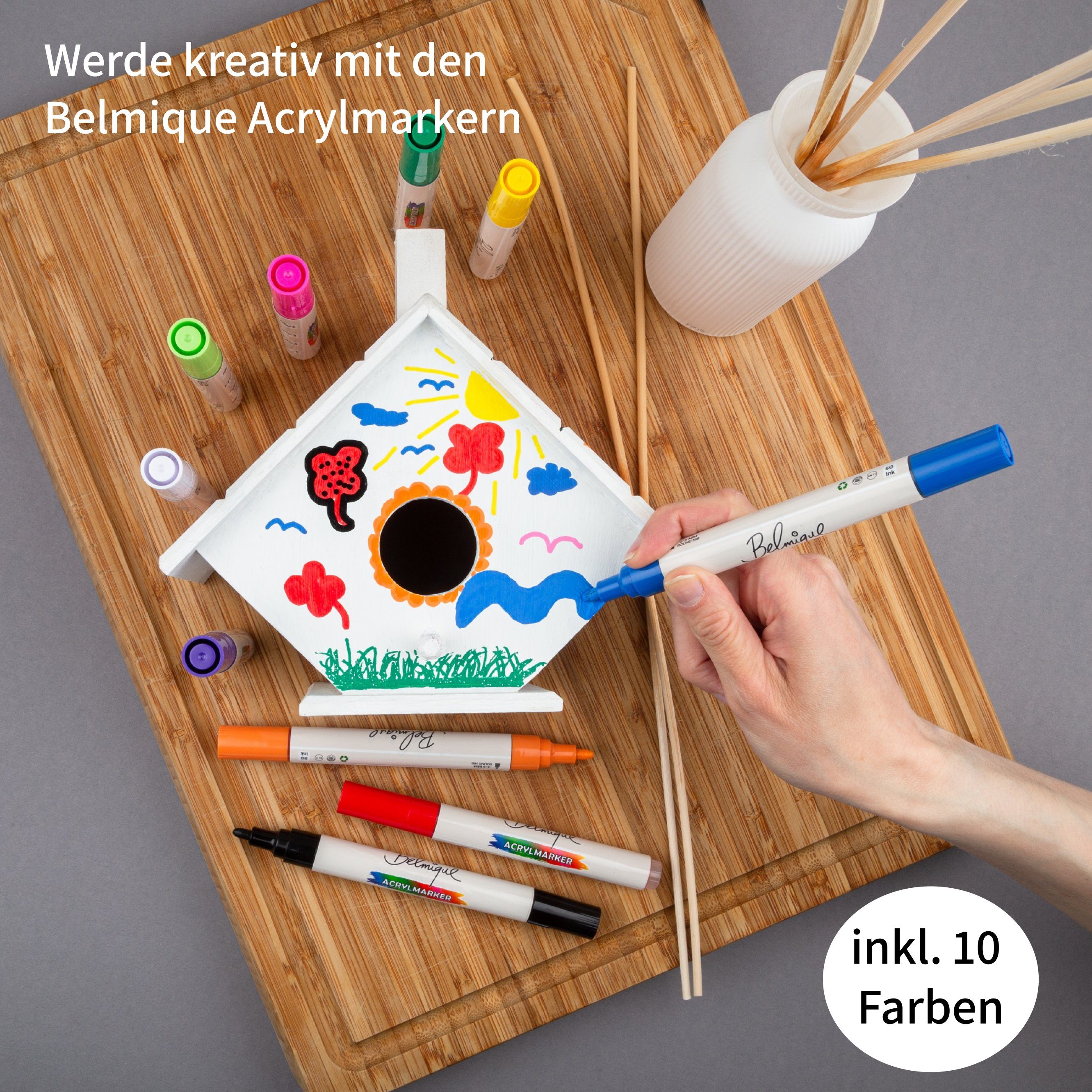 Belmique Kreativset Vogelhaus zum Bemalen inkl. 10 Acrylmarker – Holz, weiß, handgefertigt, Weißes Vogelhäuschen zum selbst Bemalen inkl. Marker (Auswahl)