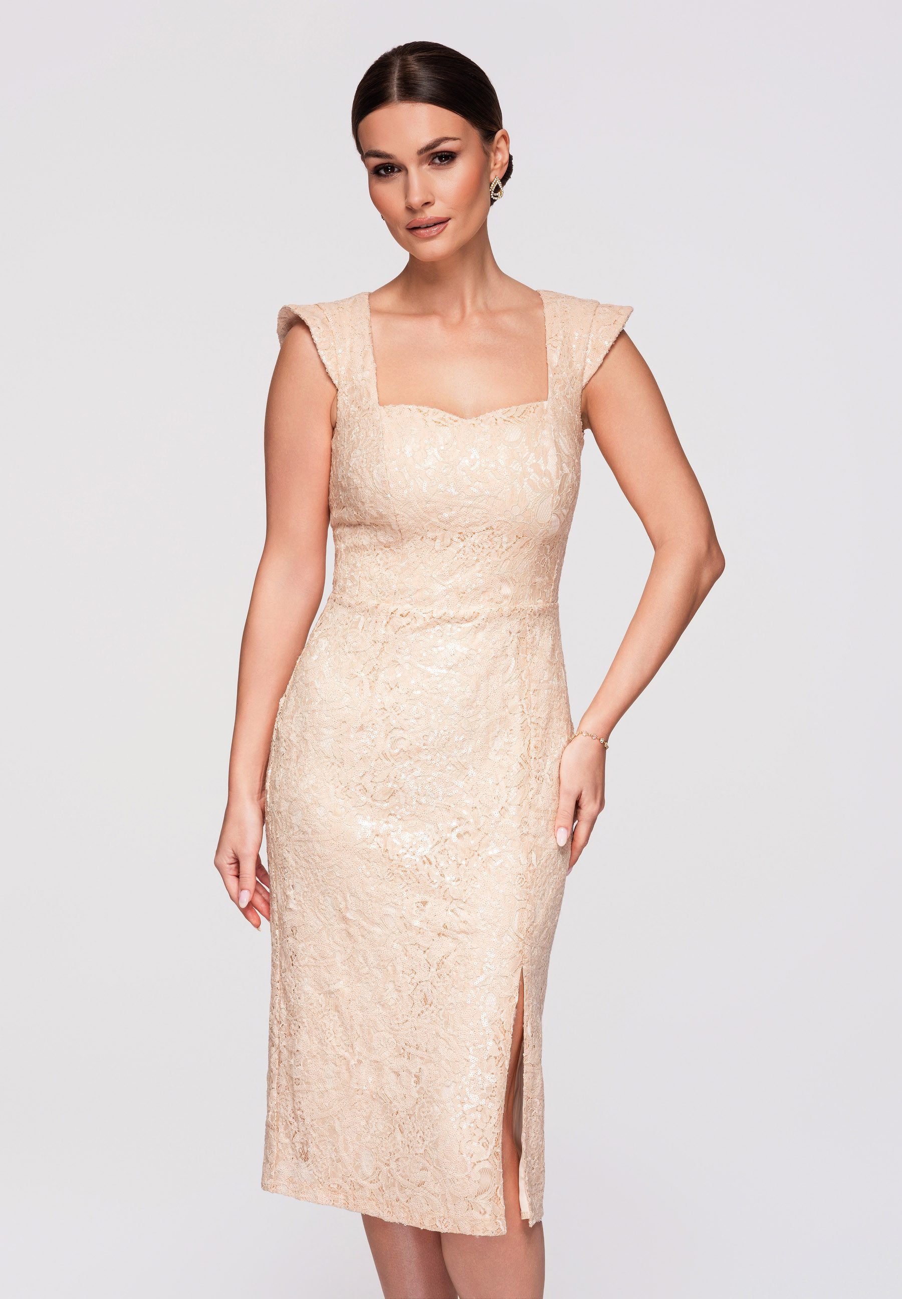 OMBRE Abendkleid Damen Cocktailkleid mit Pailletten und Schlitz Creme XS (kein Set, 1-tlg)