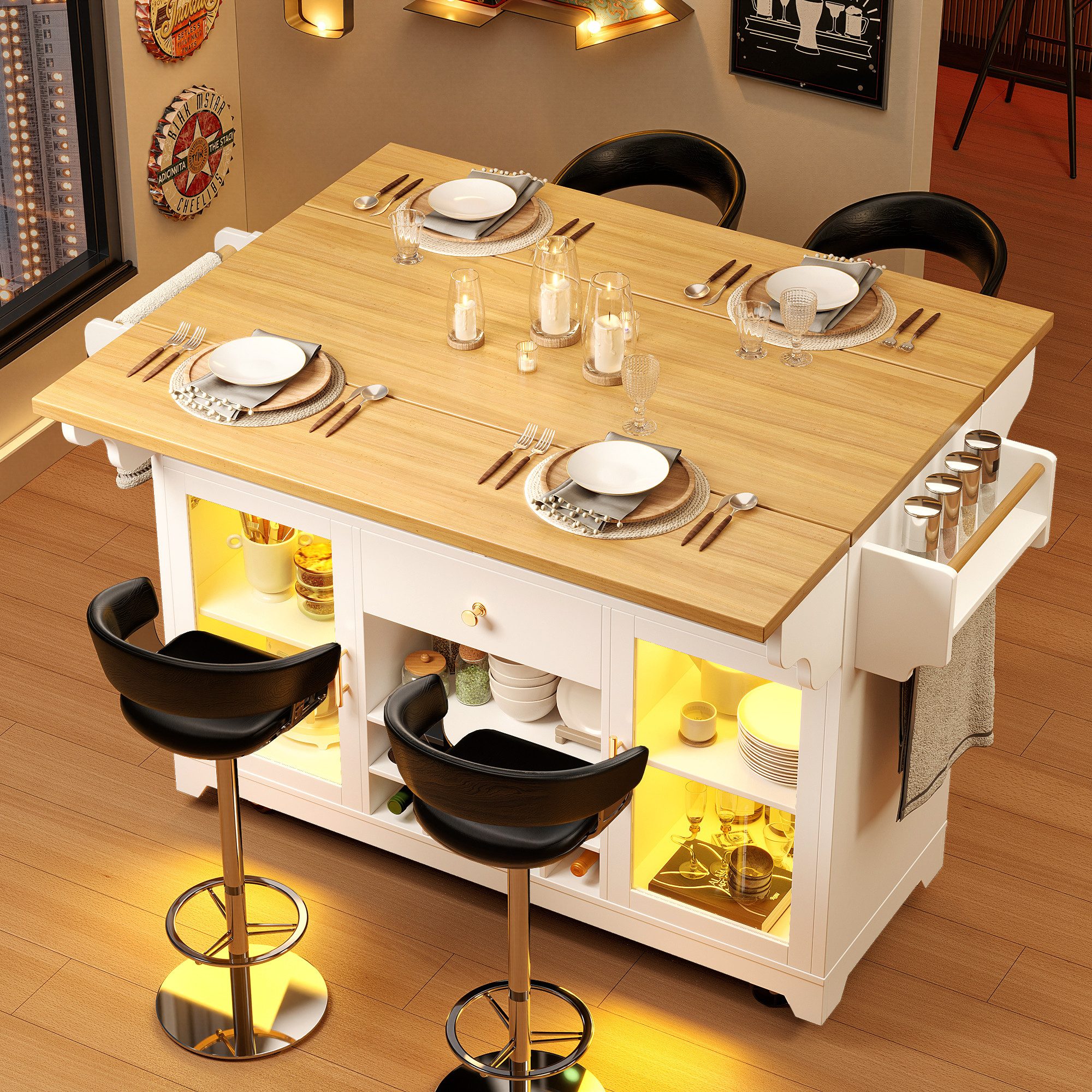 i@home Kücheninsel ausziehbarer Küchenwagen freistehend mit Rollen und Arbeitsplatte, (RGB LED und Weinregal), Servierwagen mit Stauraum für Küche Wohnzimmer und Balkon 120 cm