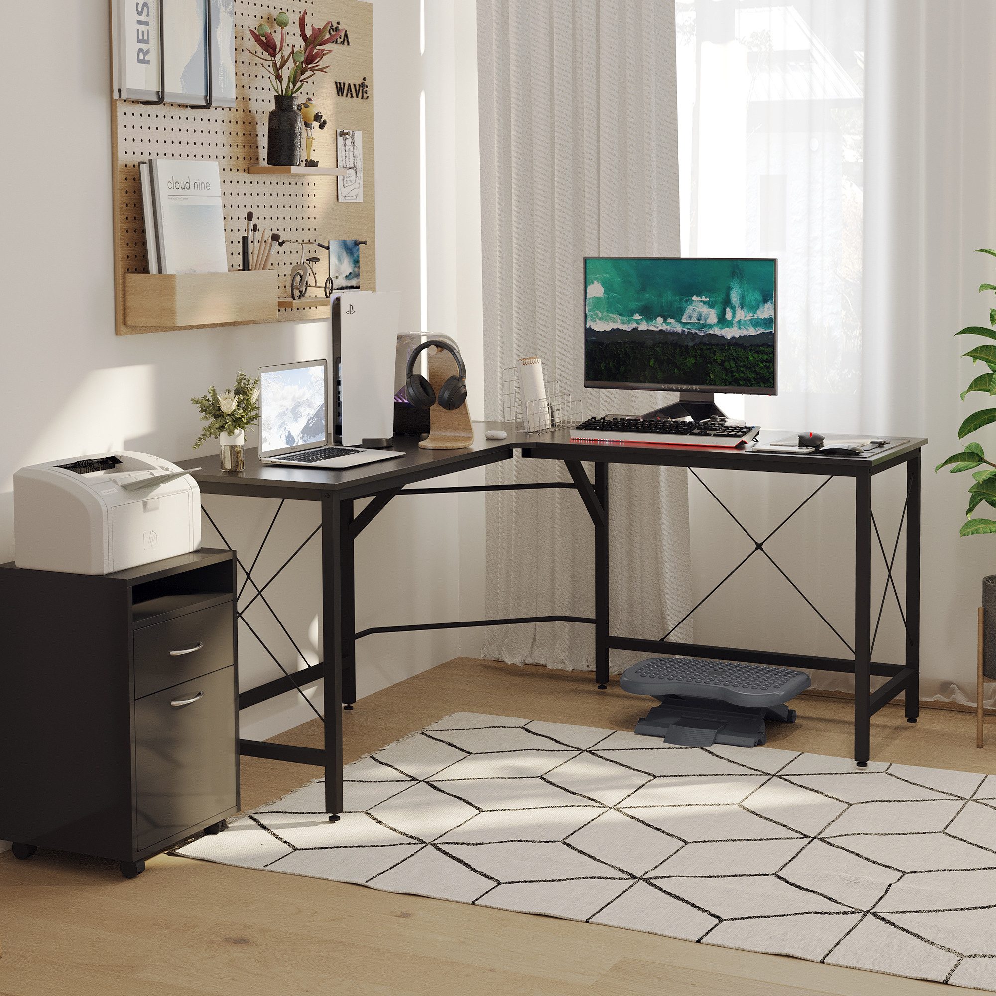 HOMCOM Eckschreibtisch Computertisch Schreibtisch L-Form Winkelschreibtisch (PC-Tisch, 1-St., Computetisch), MDF Schwarz 150 x 150 x 76 cm