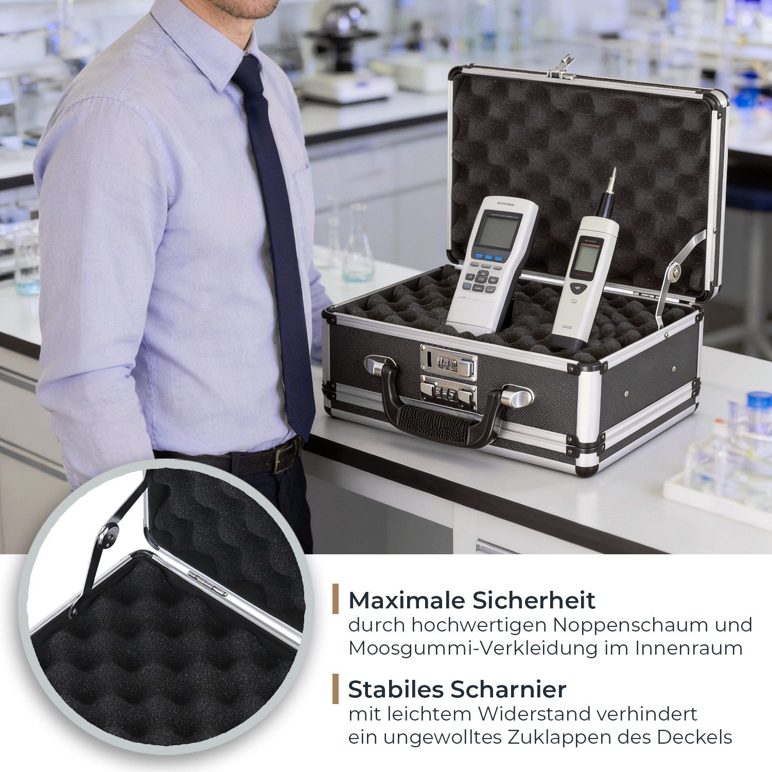 HMF Aufbewahrungsbox Transportkoffer mit zwei 3er Zahlenschlösser und Schnappverschlüssen, Doppelt, Koffer mit Noppenschaumstoff 31x26x15 cm