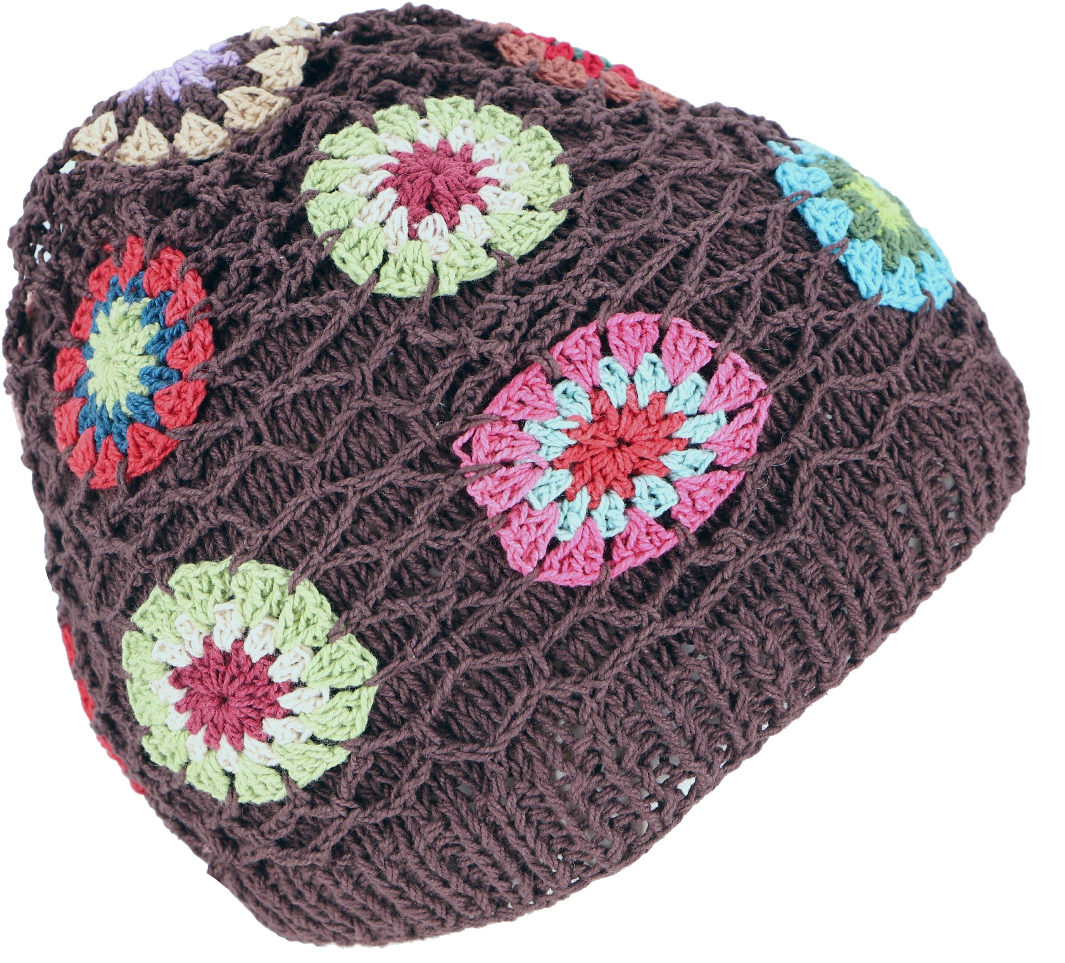 Baumwoll-Häkelmütze squere.. Beanie, Granny Guru-Shop braun Strickmütze Bunte