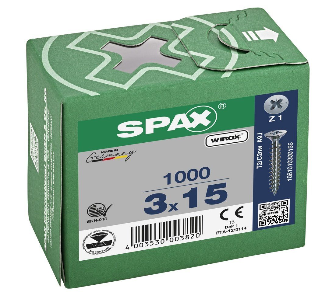 mm Universalschraube, verzinkt, Spanplattenschraube St), SPAX weiß 1000 3x15 (Stahl