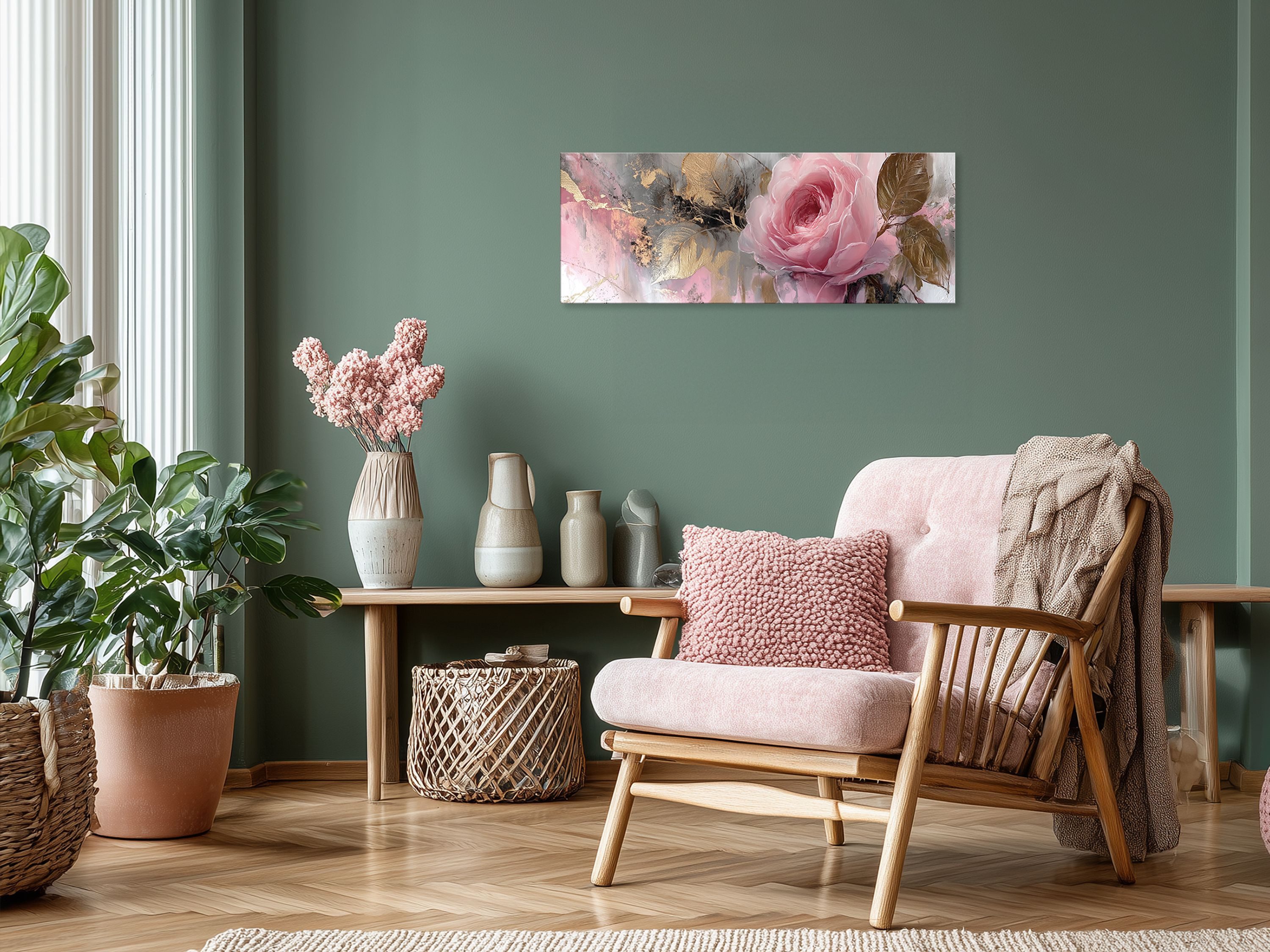 artissimo Glasbild Bild aus Glas 80x30 cm / Wandbild Querformat / Wanddeko modern, Florale Kunst: Rose Rosa Gold