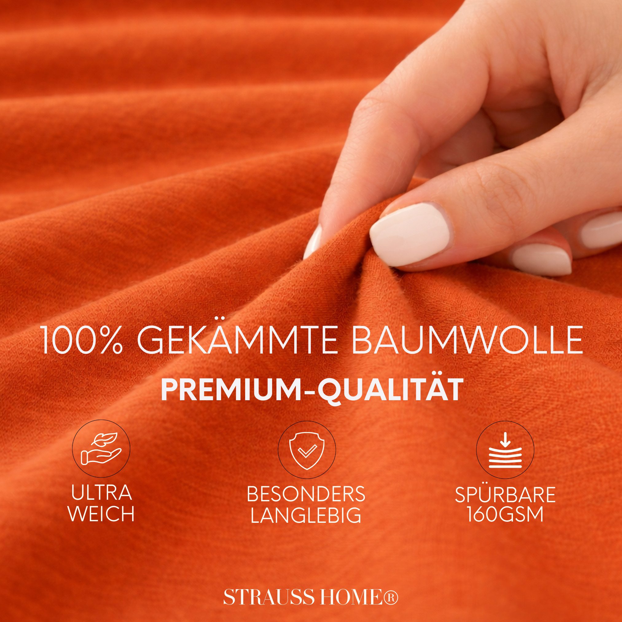 Strauss Home Spannbettlaken Premium 160 g/m² Gekämmte Baumwolle Jersey in Hotelqualität, Gummizug: Rundumgummi, OEKO-TEX®-zertifiziert - Hotelqualität – Formstabil & Langlebig