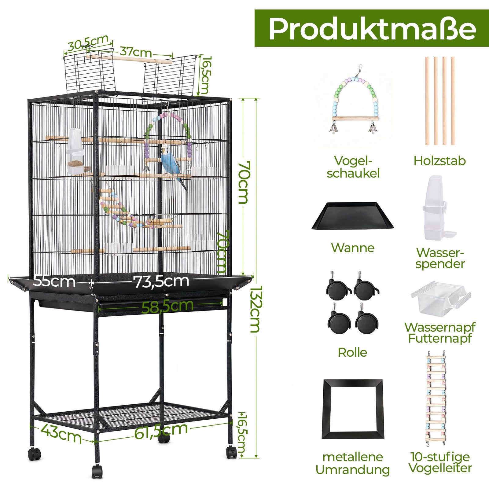PFCTART Vogelkäfig Papageienkäfig XXL – Großer Vogelkäfig aus Metall mit Rollen, Sicheres Design mit Schloss, Sitzstangen & herausnehmbarer Bodenwanne