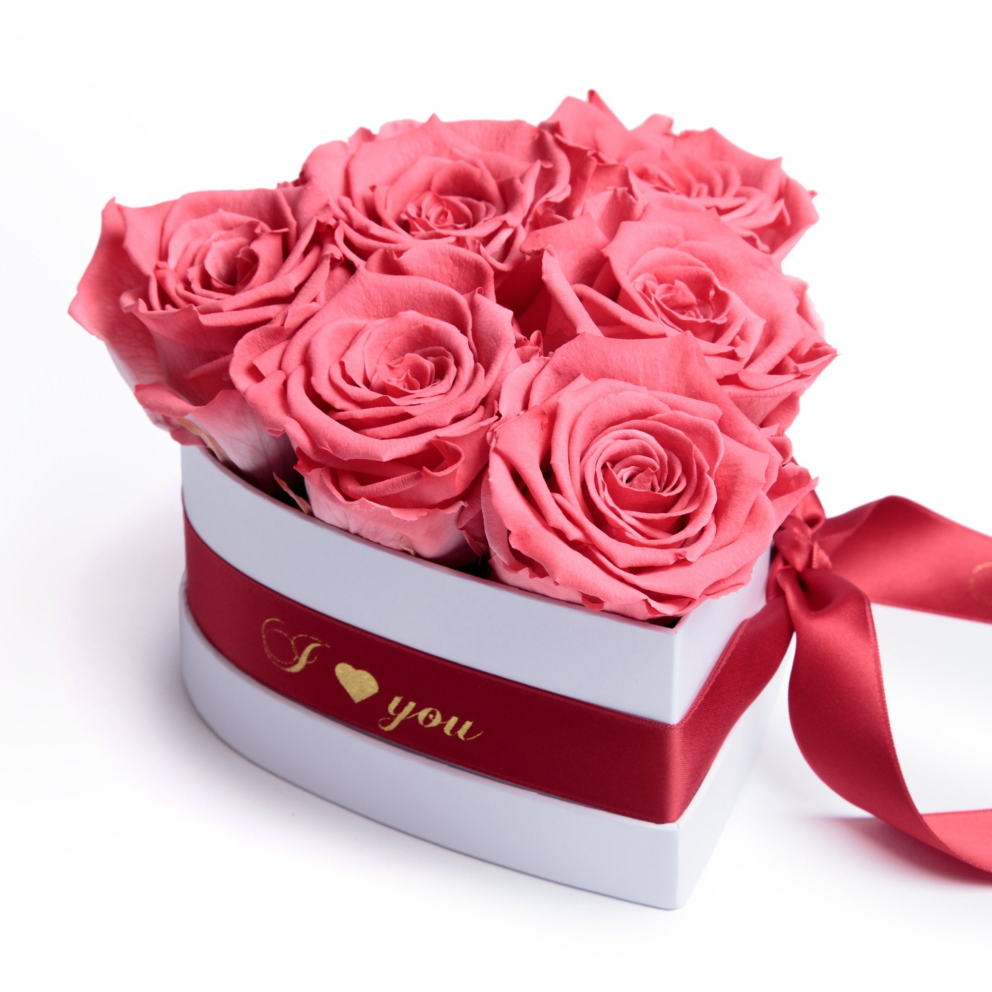 Kunstblume Infinity Rosenbox Herz 6 ewige Rosen I Love You Geschenk für Frauen Rose, ROSEMARIE SCHULZ Heidelberg, Höhe 10 cm, Valentinstag Geschenk für Frau Korall
