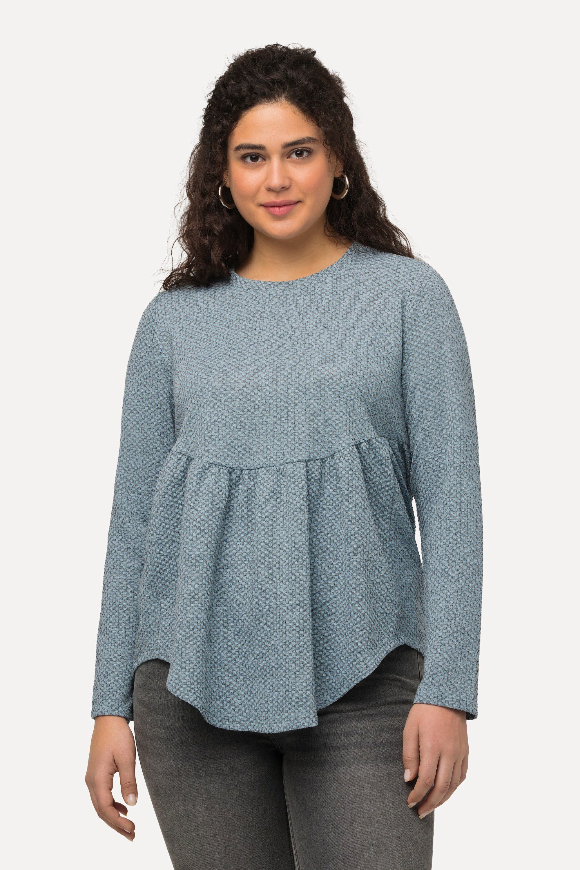 Ulla Popken Longshirt Sweatshirt Struktur A-Linie Volant Rundhals türkis