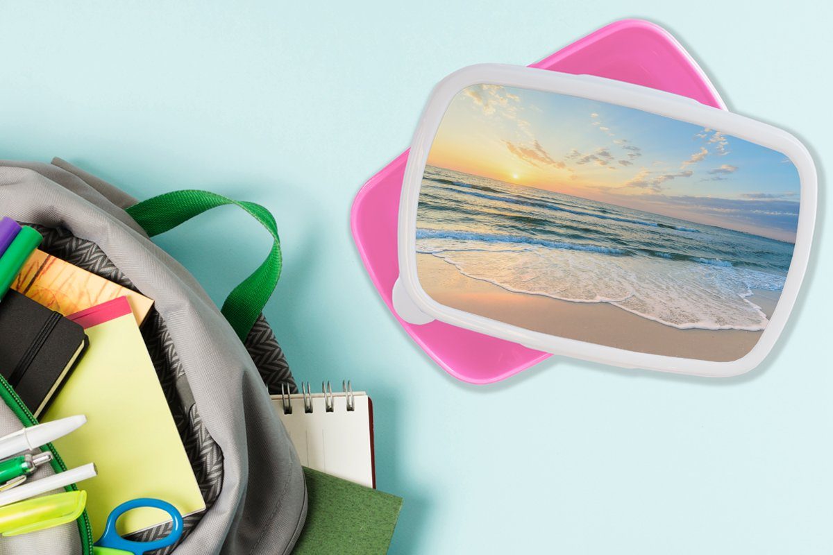 MuchoWow Lunchbox Strand - Meer - Golf, Sonnenuntergang Kinder, für Snackbox, rosa Brotdose (2-tlg), Brotbox Mädchen, Kunststoff Kunststoff, - Erwachsene