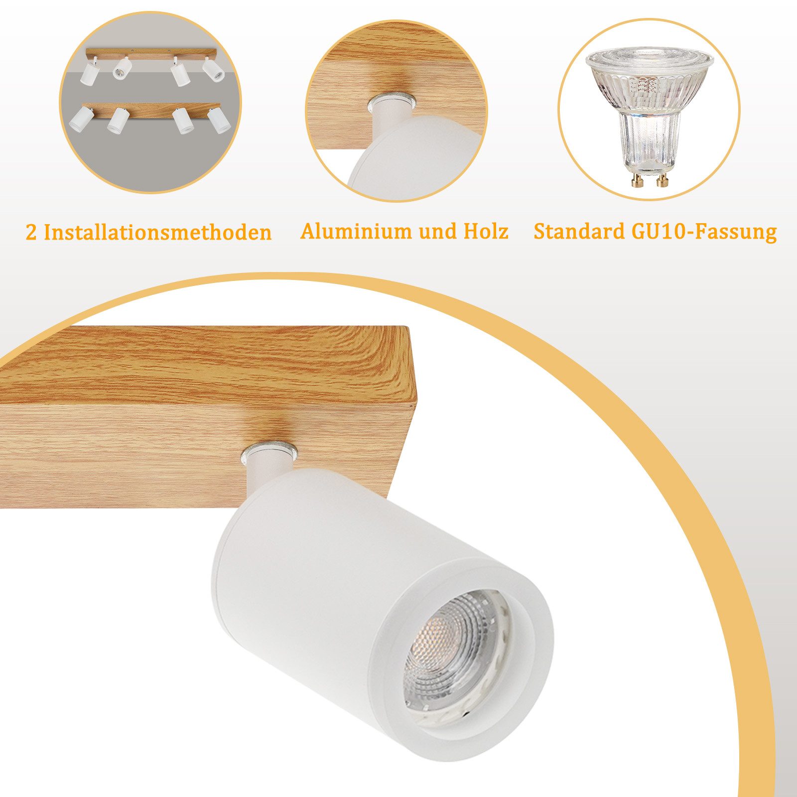 ZMH LED Deckenstrahler 2/3/4 Flammig GU10 Holz-Acryl Deckenleuchte 350° Drehbar Wohnzimmer, ohne Leuchtmittel, 2 Installationsmethoden(Decken/Wandmontage) Vinta – Bild 5 von 5
