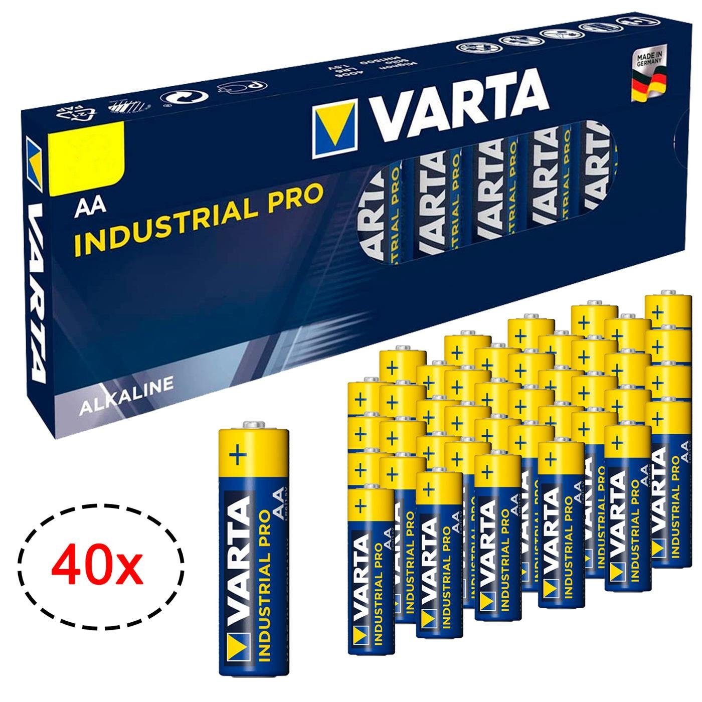 VARTA 40er Pack AA Industrial Alkaline Mignon Batterie, (1,5 V, 40 St), Made in Germany Батареї 1,5V für Сумкиlampe Spielzeug Wand Uhr