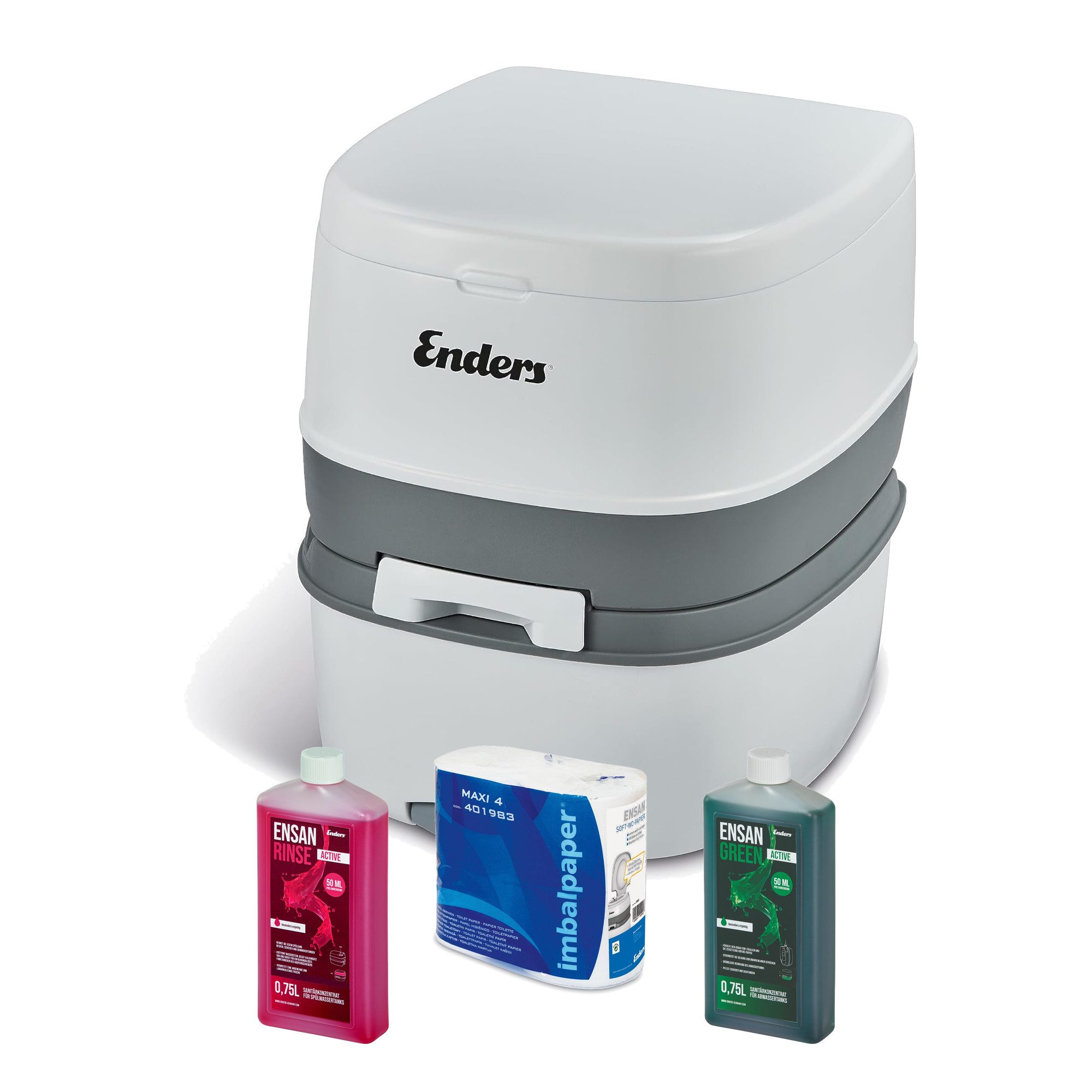 Enders® Campingtoilette Supreme Green Set, (Spar-Set, inkl. 0,75L RINSE + 0,75L GREEN + 4 Rollen selbstaufl. Toilettenpapier), integrierter Papierhalter, Belüftungstaste, Deckel + Brille abnehmbar