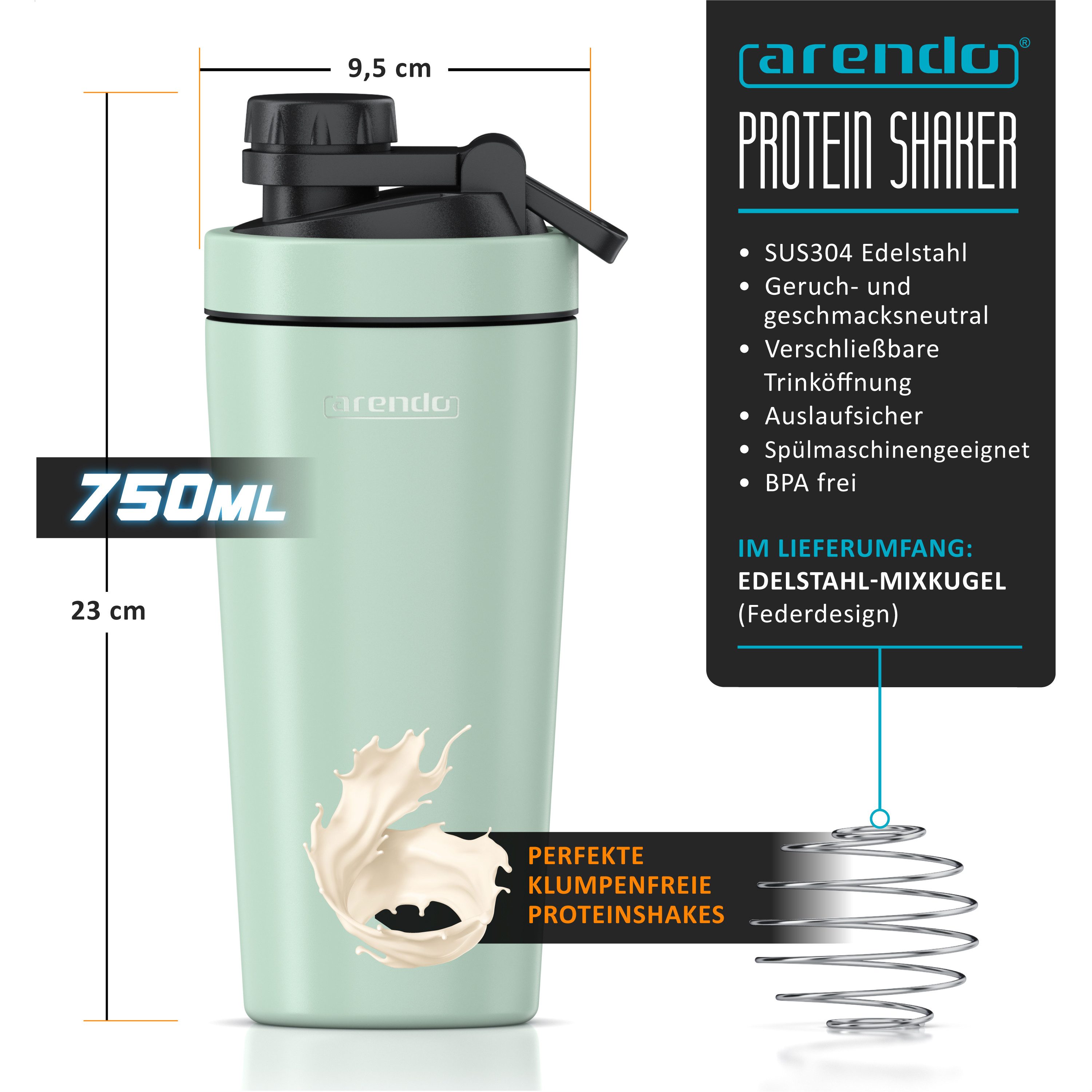 Arendo Protein Shaker Edelstahl Eiweißshaker 750 ml, verschließbar, bruchfest, BPA-frei, Edelstahl, (1-tlg), auslaufsicher, spülmaschinengeeignet, mit Tragegrif – Bild 2 von 5