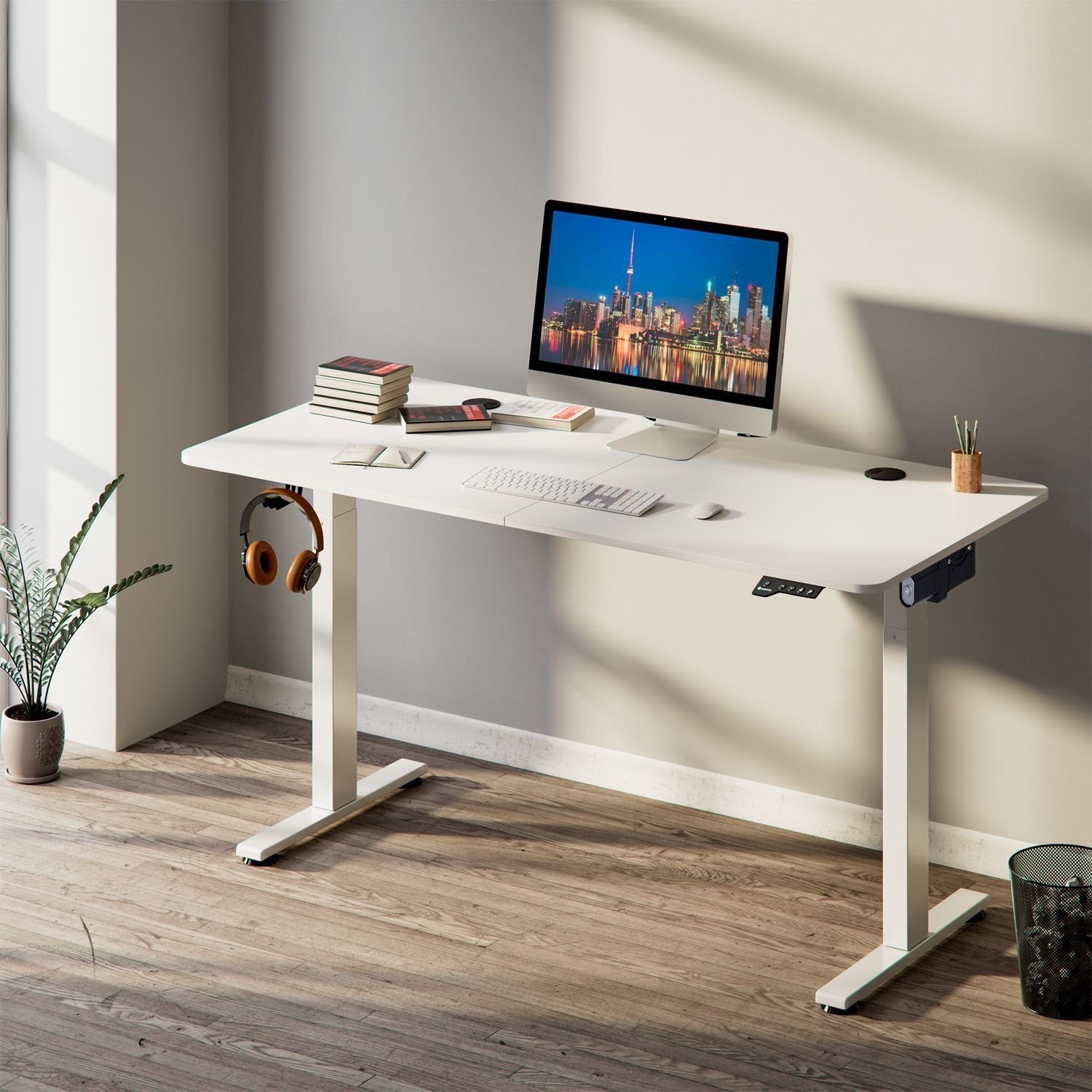 Juskys Schreibtisch Office Stand, x Kabelführung cm, Weiß Headset-Halterung, verstellbar, elektrisch 60 120