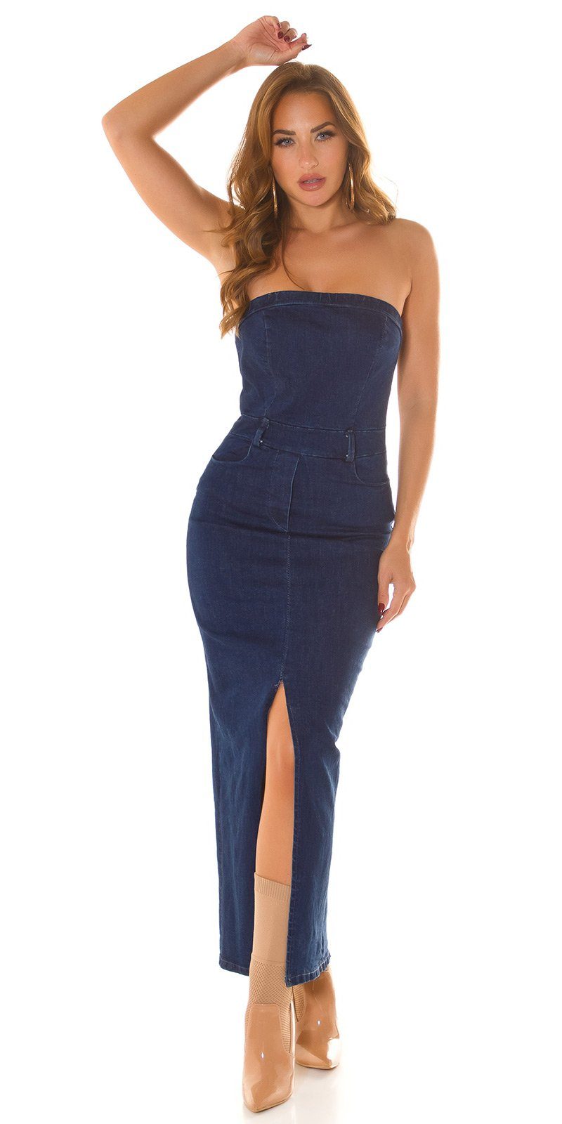 mit Denim Koucla Bandeau-Maxikleid Jeanskleid Schlitz