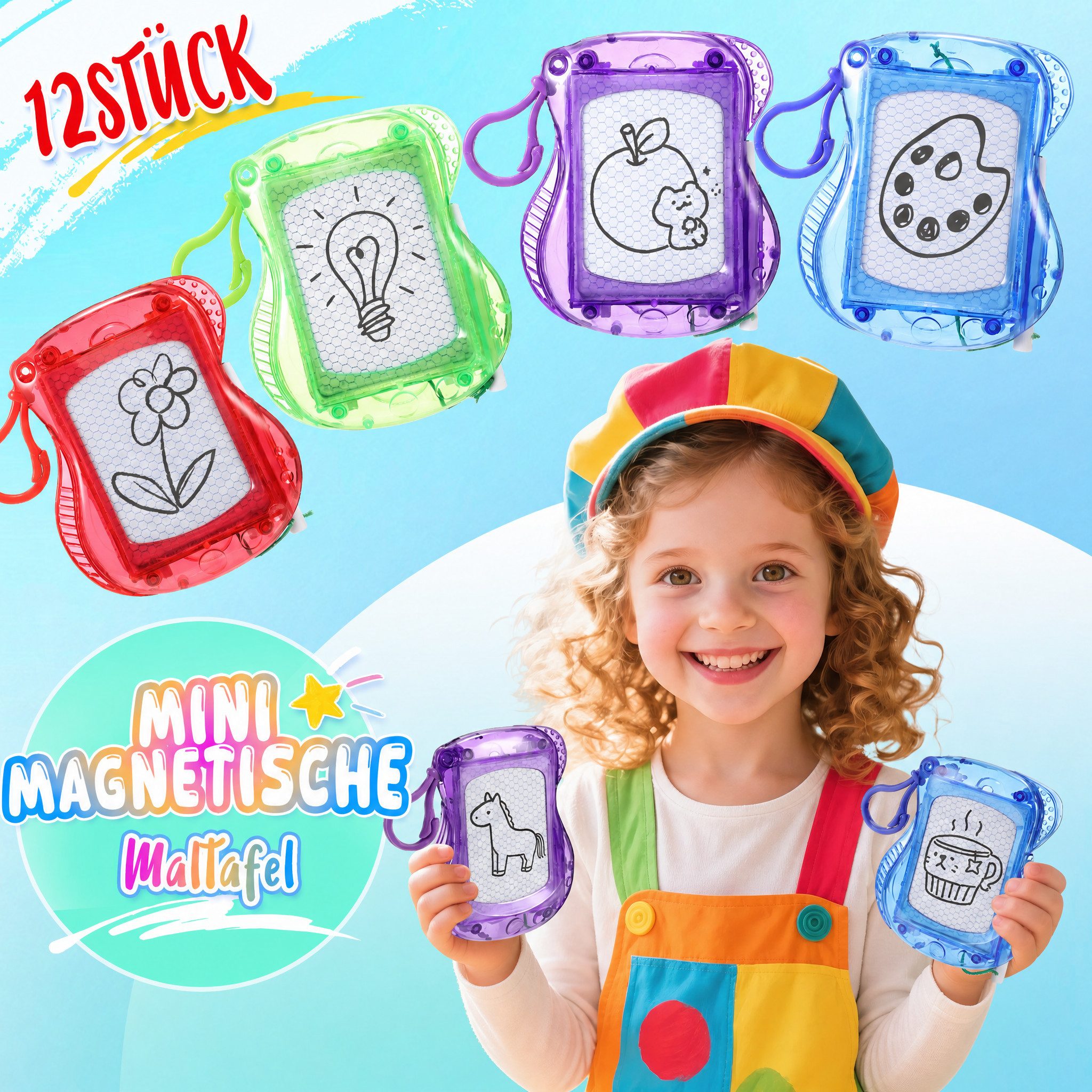 Wootoy Zaubertafel 12er Set Magnet Maltafel Schlüsselanhänger Schreibtafel Lernspielzeug, (10 × 8,3 cm Mini-Malboard-Set, 12-tlg., Mitgebsel Gastgeschenk Gewinn – Bild 4 von 5