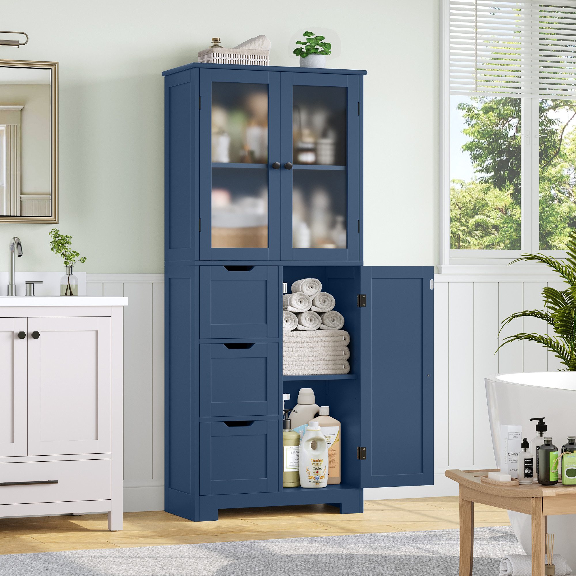 HOMECHO Hochschrank Badezimmerschrank mit 3 Türen und 3 Schubladen