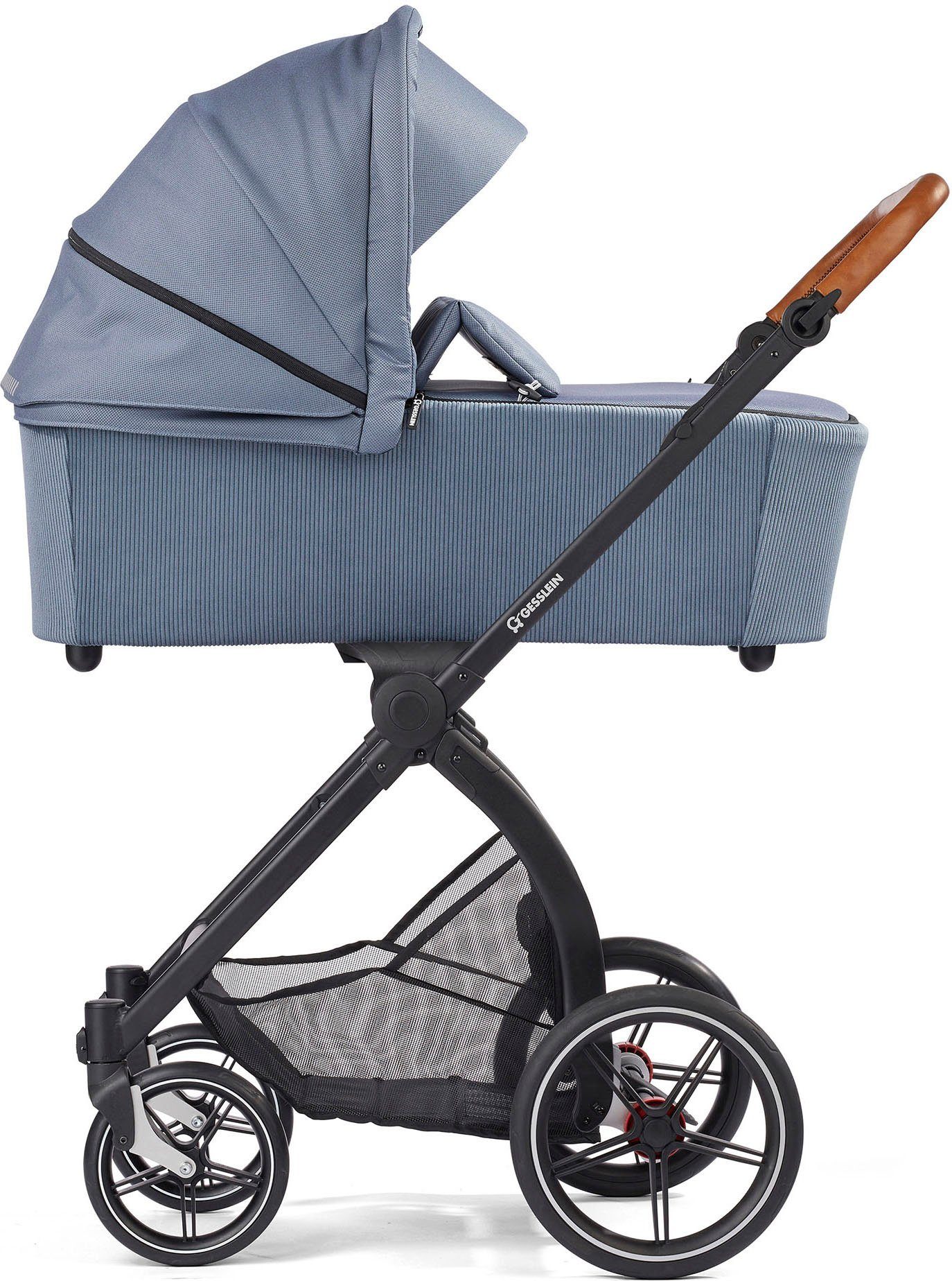 Kombi-Kinderwagen Soft+ Cx3 Babyschalenadapter FX4 mit schwarz/cognac, Aufsatz mittelblau, Gesslein Classic, mit und Babywanne