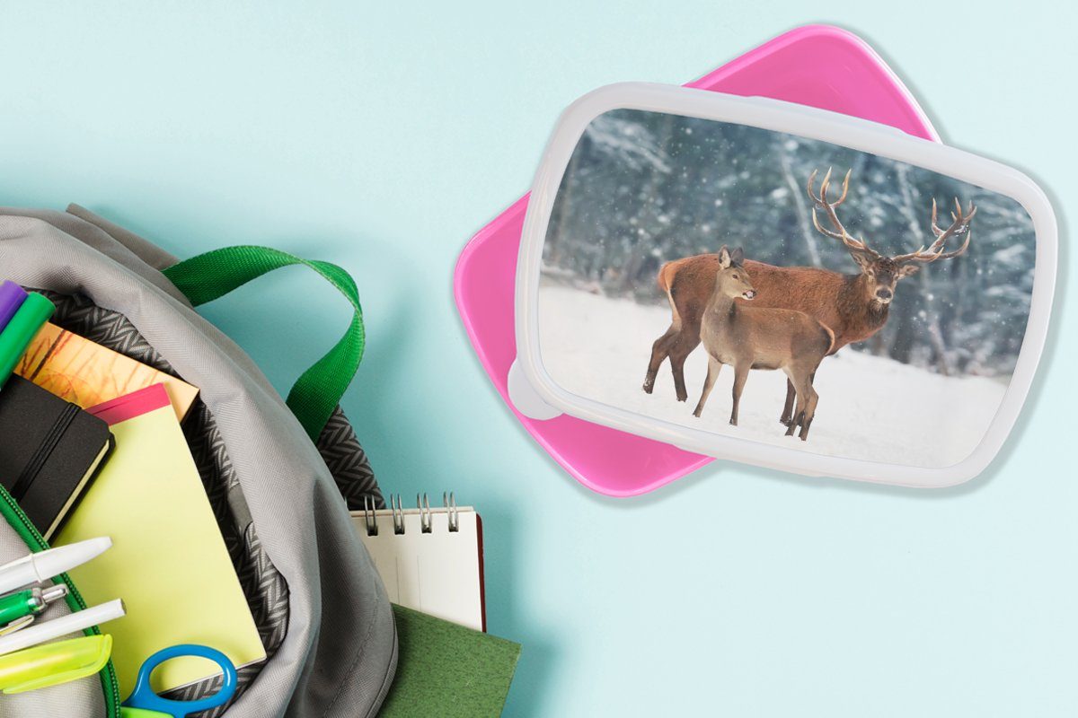 rosa - Erwachsene, Kunststoff - Mädchen, Kunststoff, Kinder, Schnee, Wald Snackbox, Brotdose für Hirsche MuchoWow Lunchbox Brotbox (2-tlg),