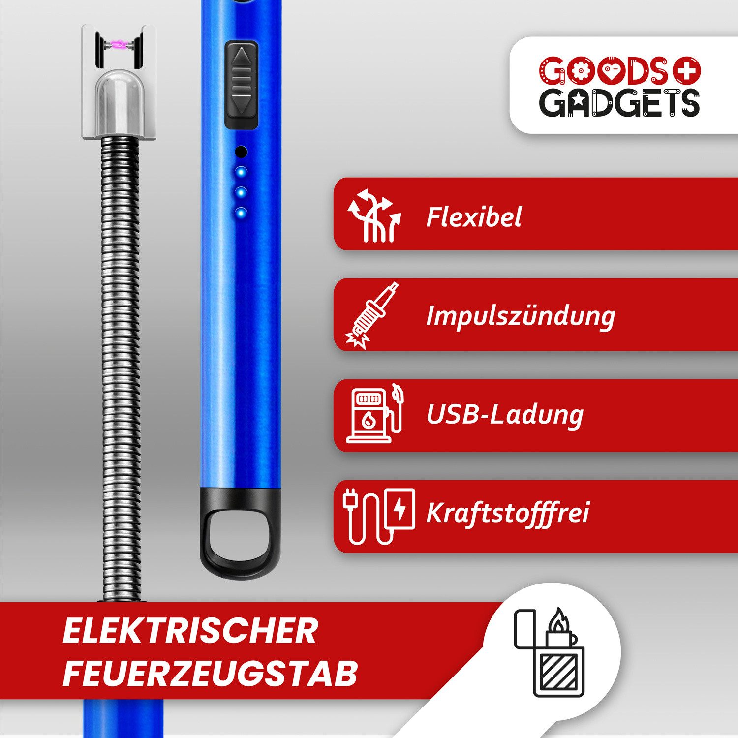 Goods+Gadgets Feuerzeug GOODS+GADGETS Elektrisches Stick-Feuerzeug mit Abschaltautomatik (Aufladbar über USB, 360° Flexibler Hals), Sturmfest & Sicher